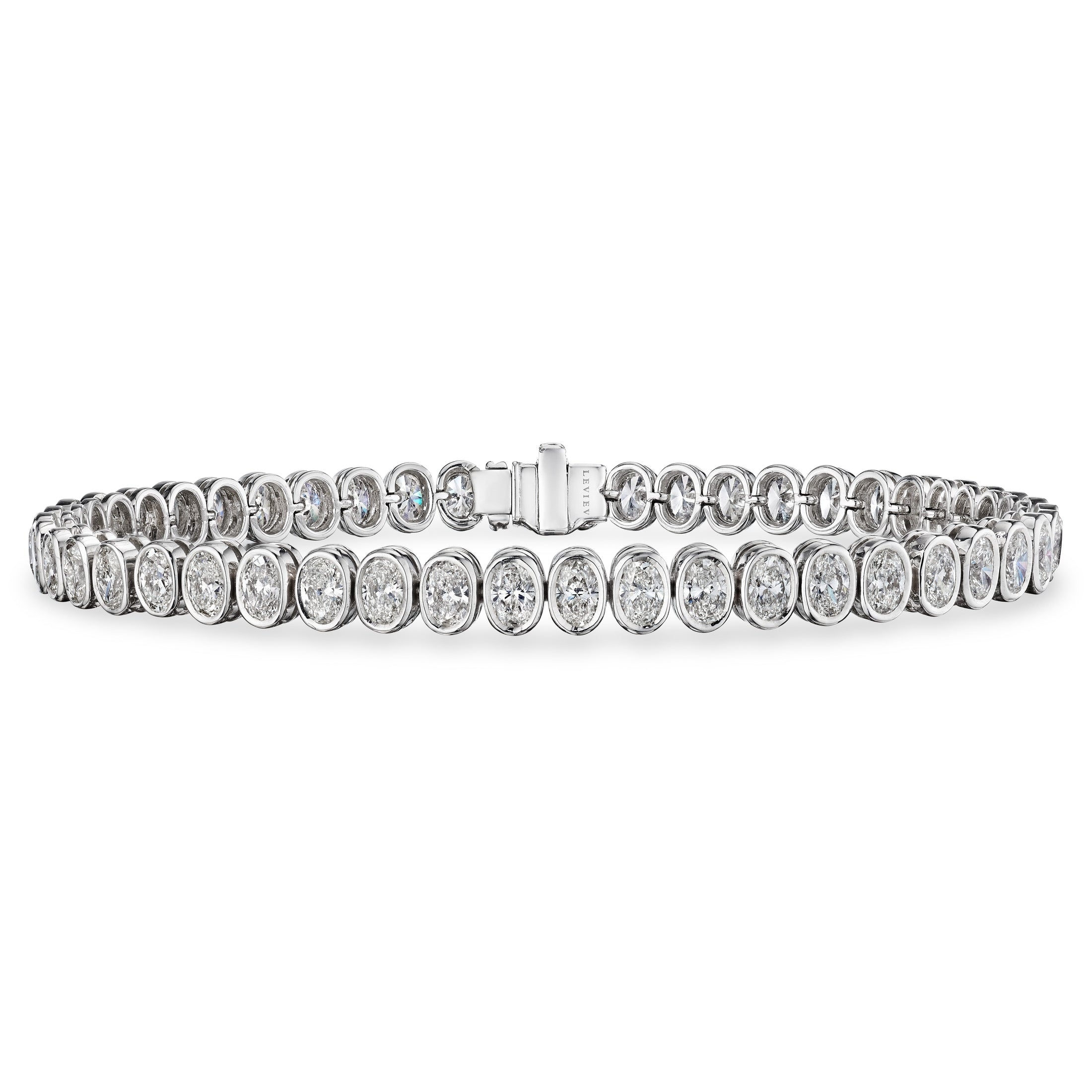 Leviev engraved clasp detail on 18K white gold oval diamond tennis bracelet