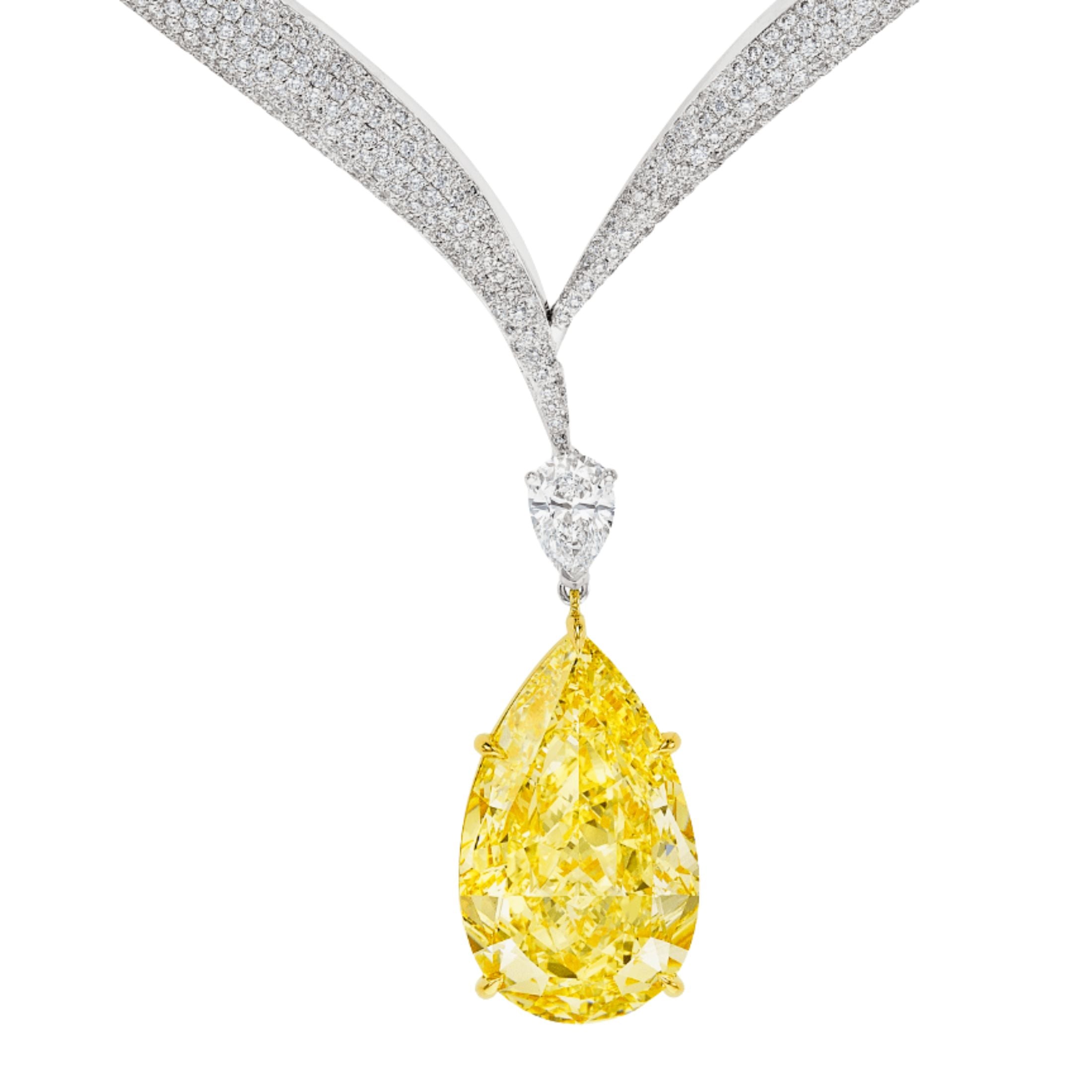 Lumina Descent yellow diamond pendant close-up with white gold collar and pavé diamonds