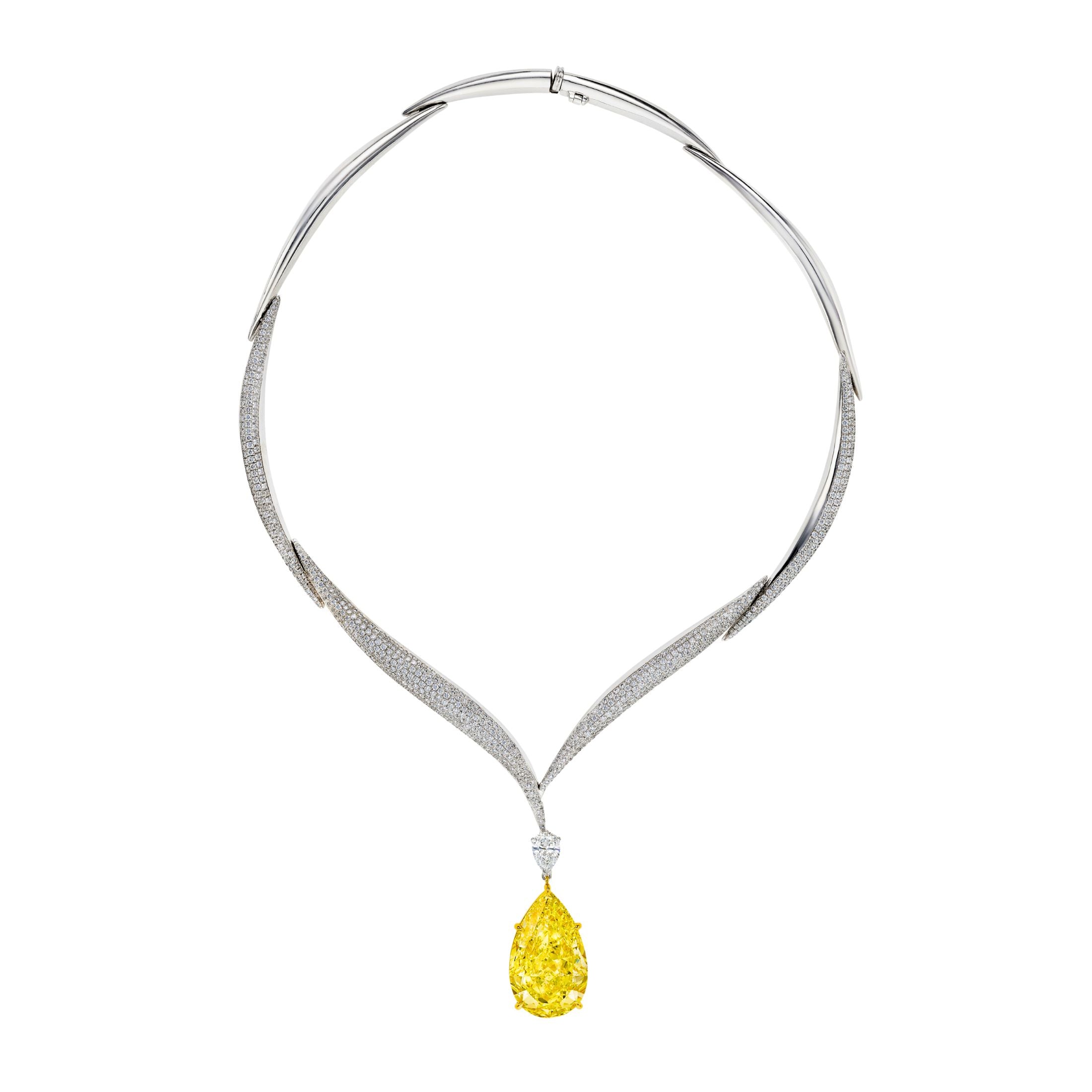 Full view Lumina Descent V-shaped necklace with pear fancy yellow diamond and white gold