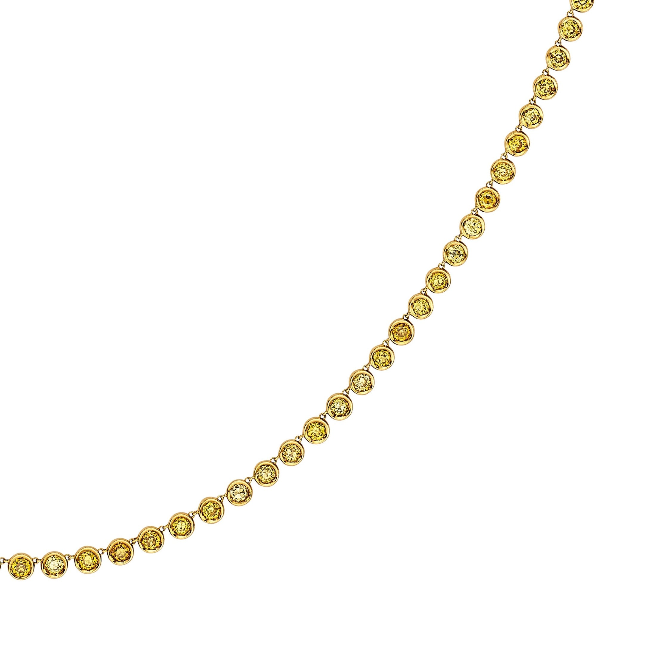 Linear cascade 18KT yellow gold diamond necklace featuring lemon-yellow to golden-yellow diamonds