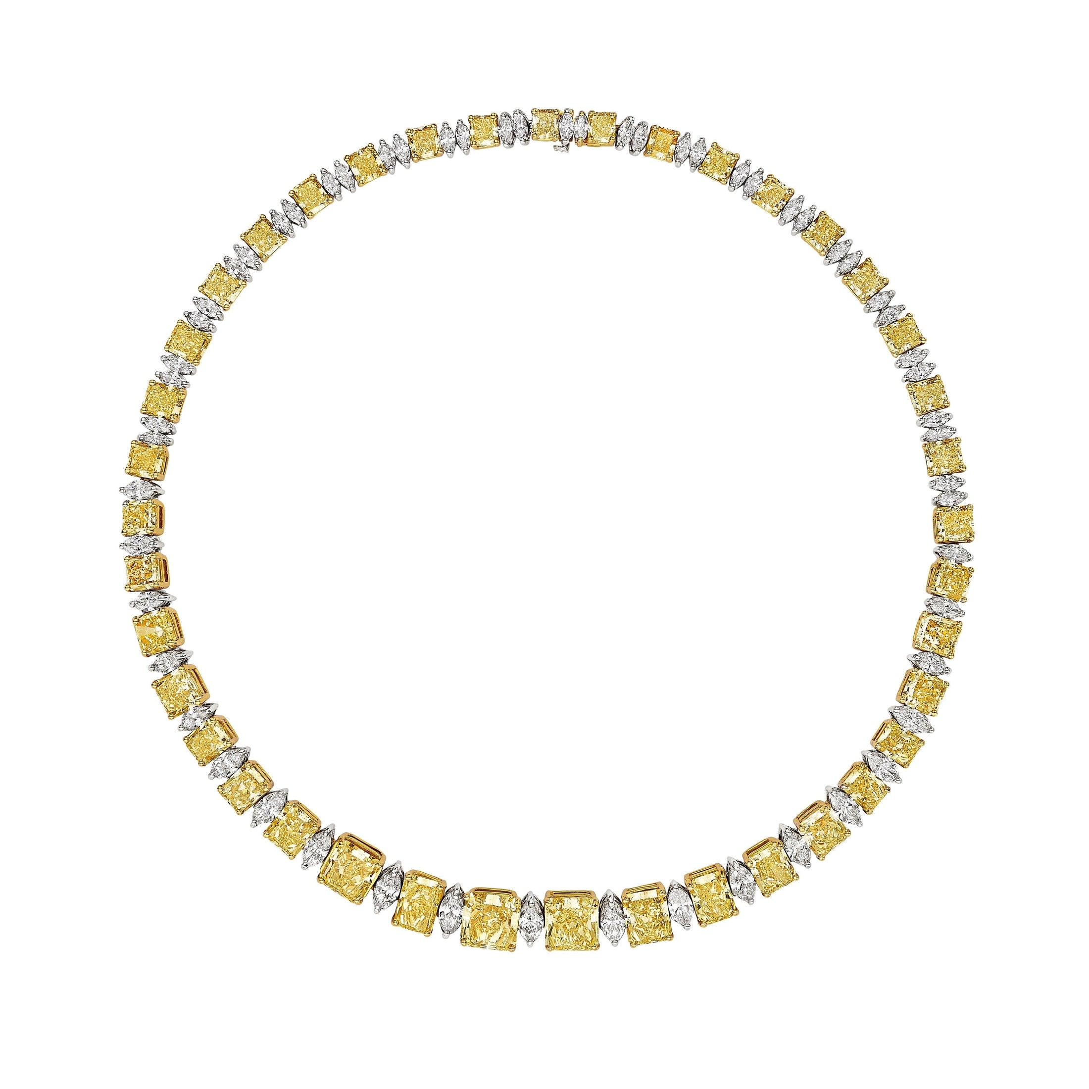 Luminary Veil diamond halo pendant necklace with alternating canary yellow and white diamonds in 18KT white gold