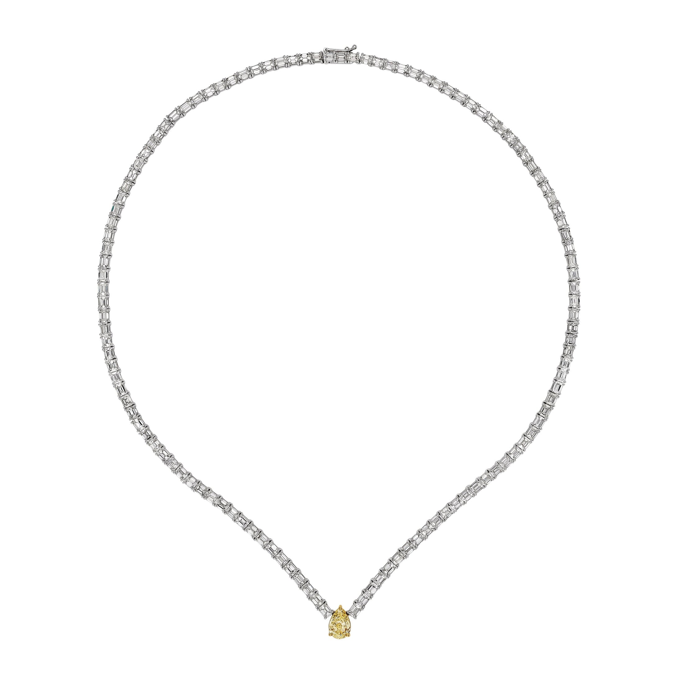 Luminary Whisper Diamond Halo Necklace with pear-shaped canary yellow diamond pendant on 18KT white gold baguette chain