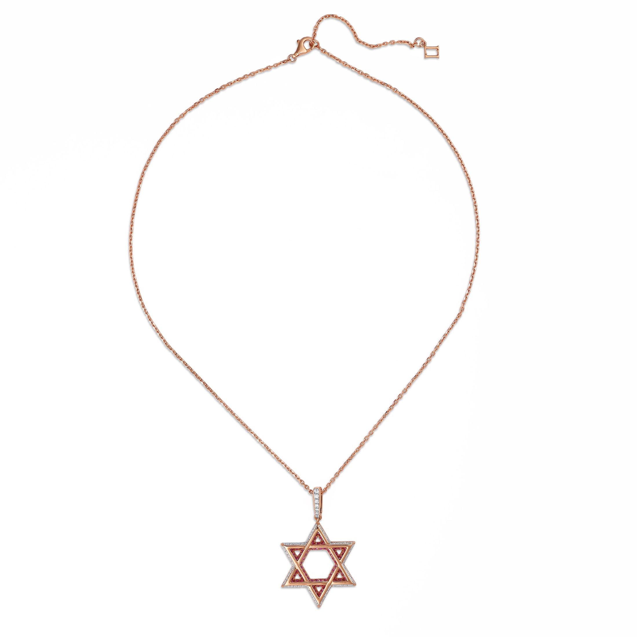 Magen Rose 1.51 Carat Pink Sapphire Star of David Pendant Necklace in 18K Rose Gold