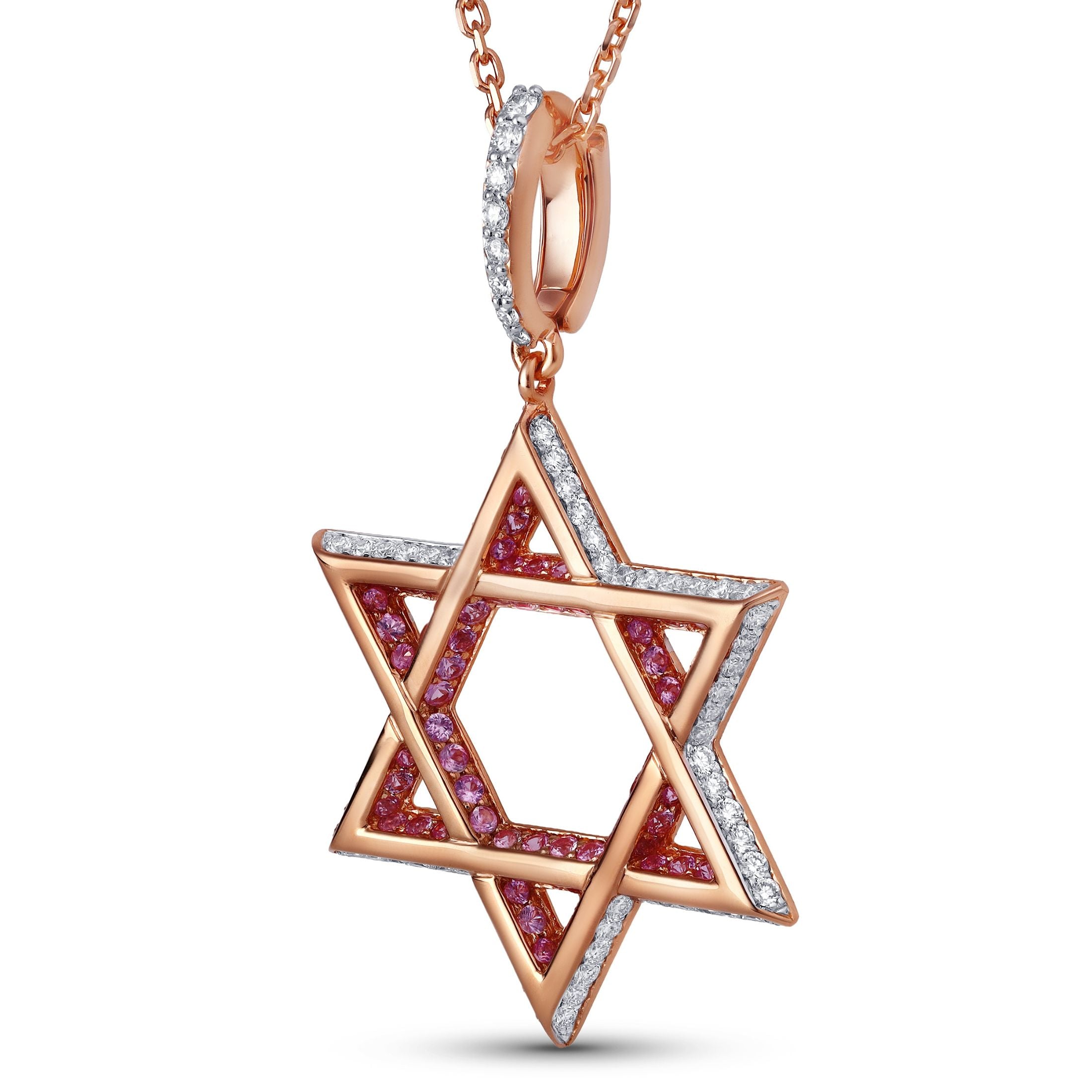 Magen Rose 1.51 Carat Pink Sapphire Star of David Pendant Necklace in 18K Rose Gold
