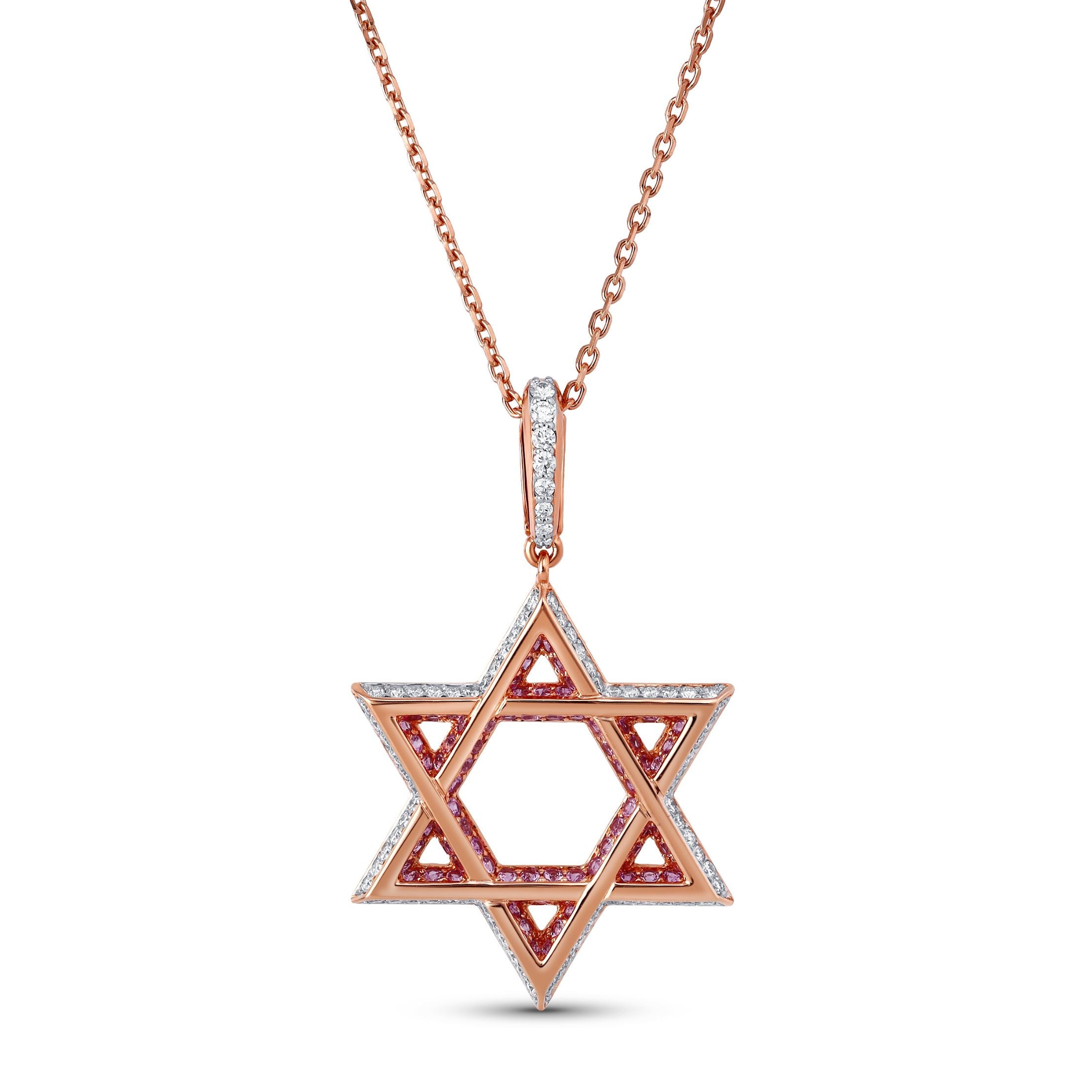 Magen Rose 1.51 Carat Pink Sapphire Star of David Pendant Necklace in 18K Rose Gold
