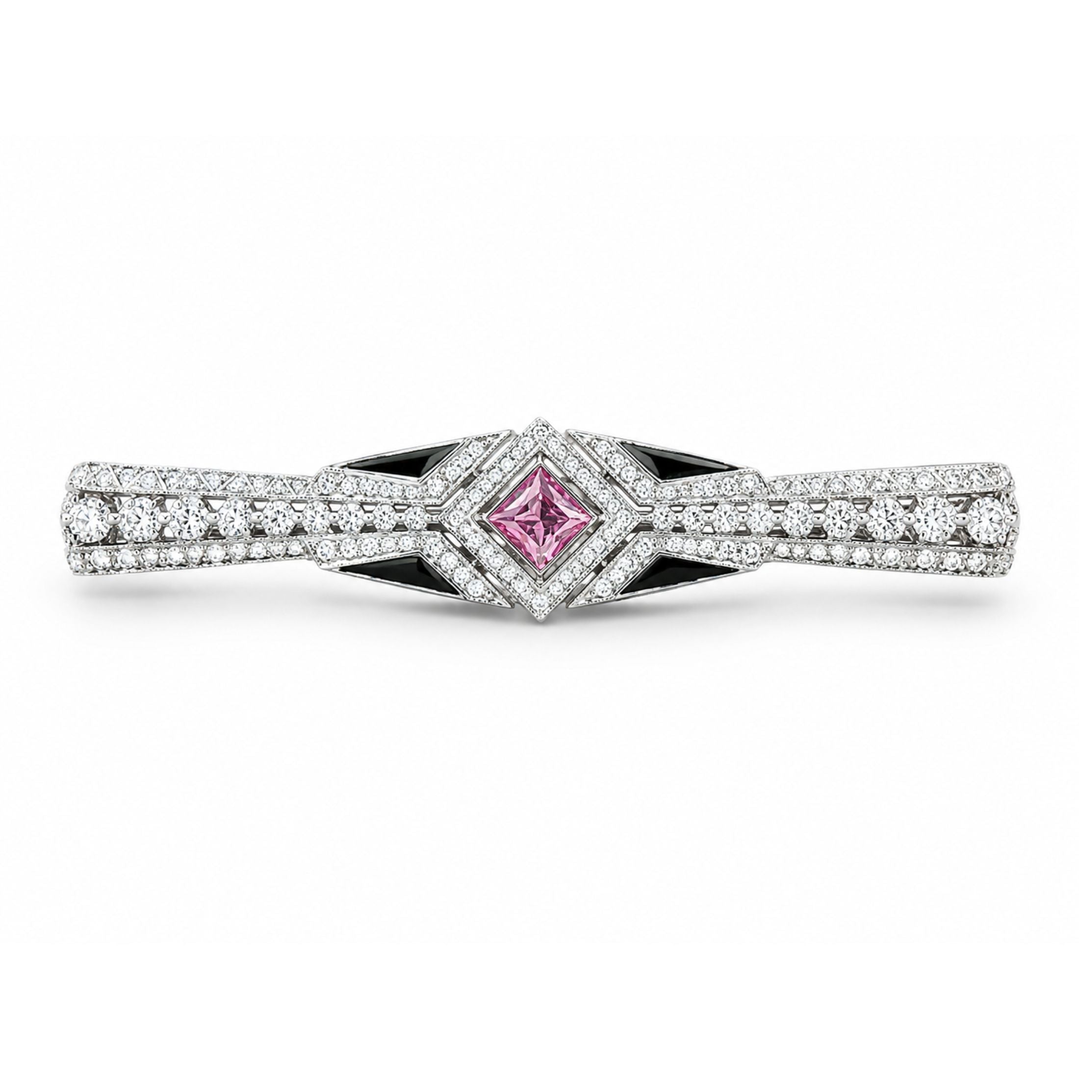 Manhattan 4.16 Carat Pink Sapphire, Onyx, and Diamond Brooch in 18K White Gold