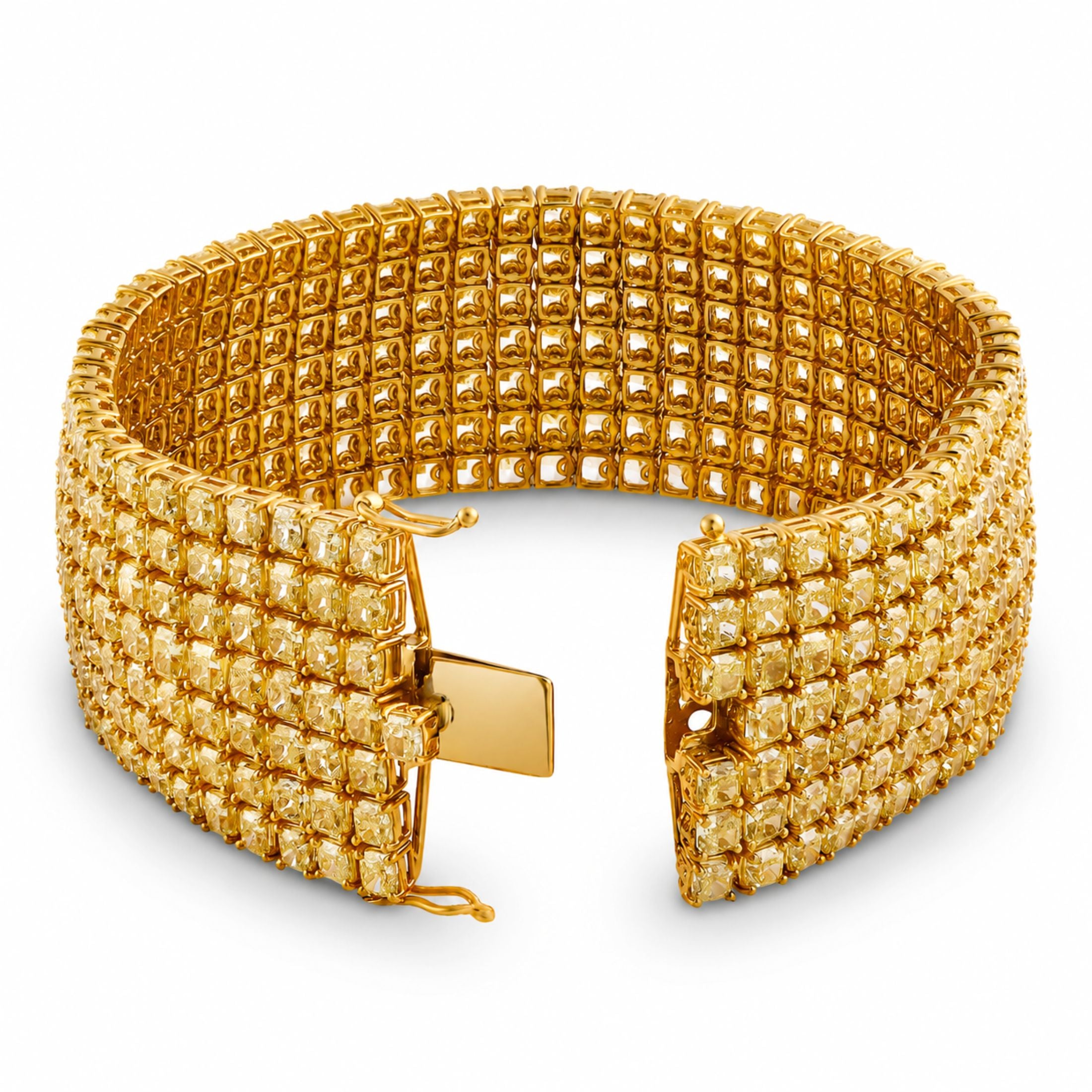 Side profile of wide Marques Riscal yellow diamond bracelet revealing seven-layered architectural structure and secure ball-tipped closure