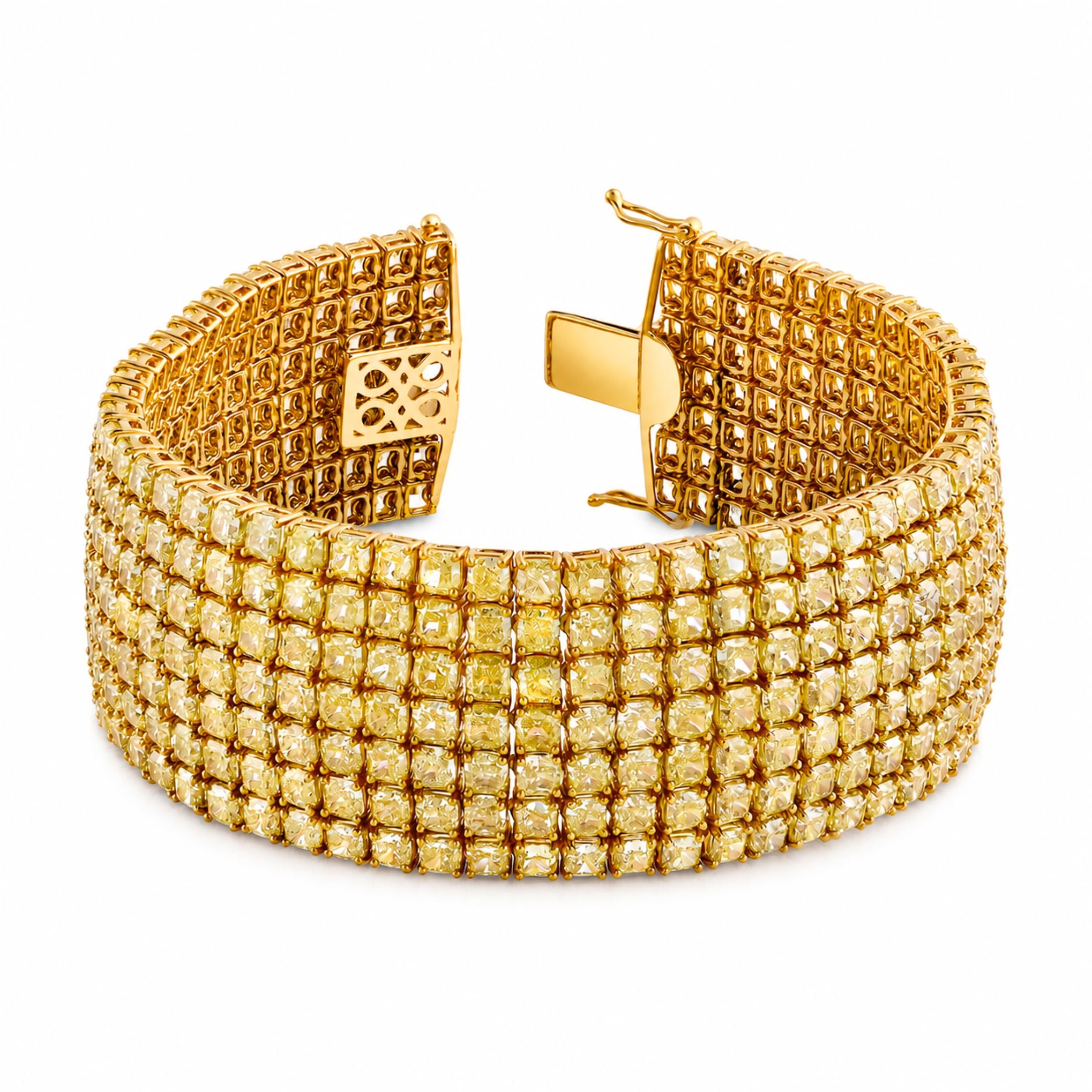 Marques Riscal 18K yellow gold bracelet with 66.43 carats cushion-cut yellow diamonds, seven-row grid design and hinged box clasp