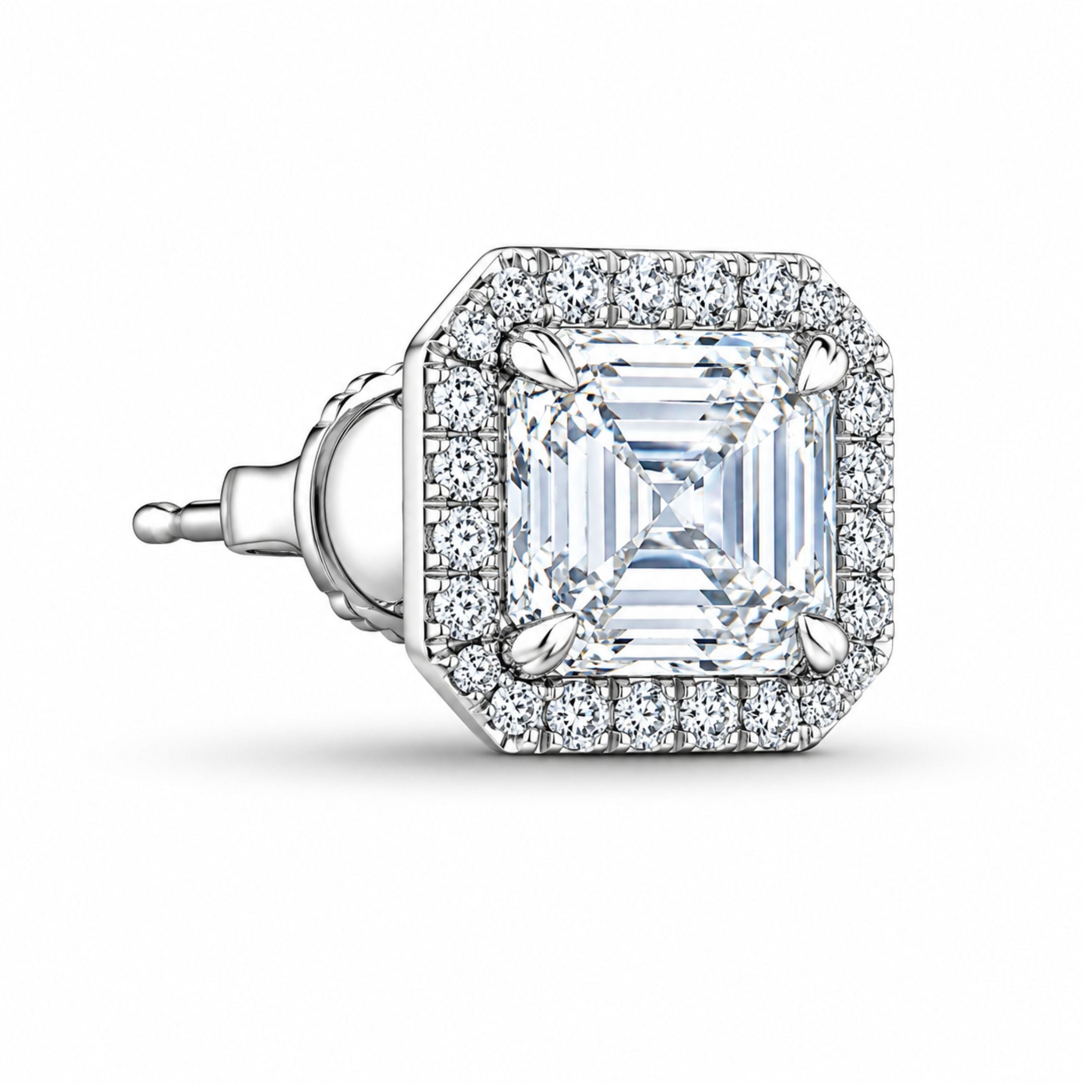 Side view of Leviev 18K white gold Asscher cut diamond stud earrings with butterfly back