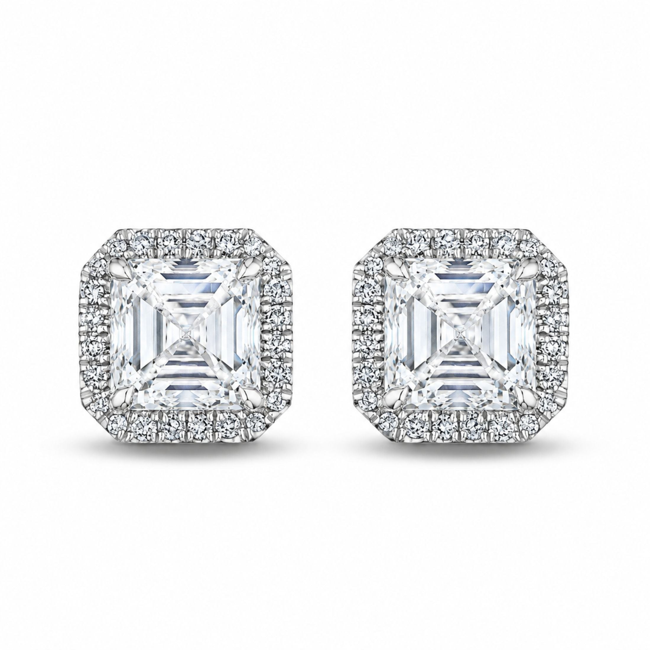 Leviev Meridian Asscher cut diamond stud earrings in 18K white gold with full halo