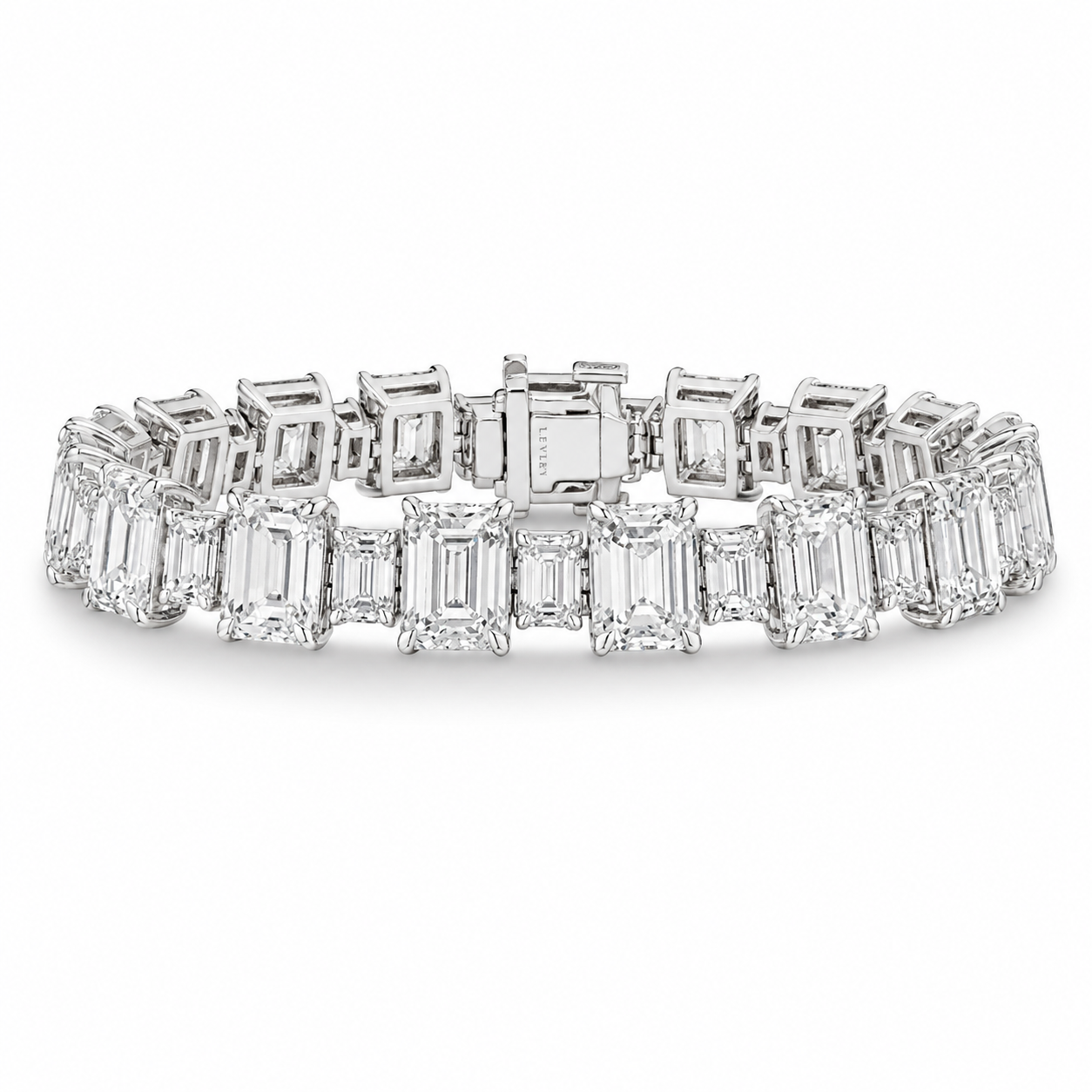 Leviev Millennium platinum diamond tennis bracelet with emerald-cut diamonds and box clasp