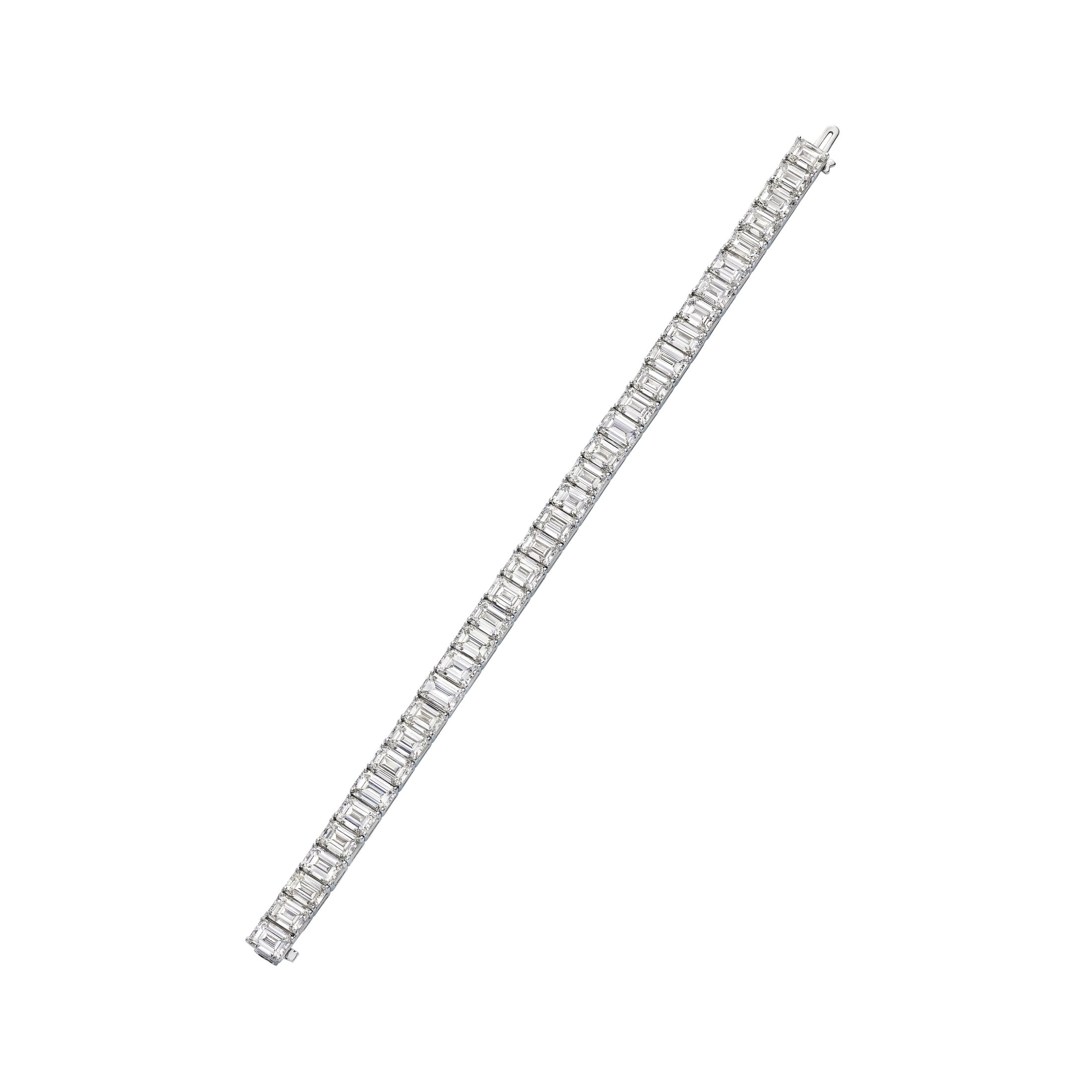 Full length view of continuous emerald-cut diamond line on 14K white gold bracelet