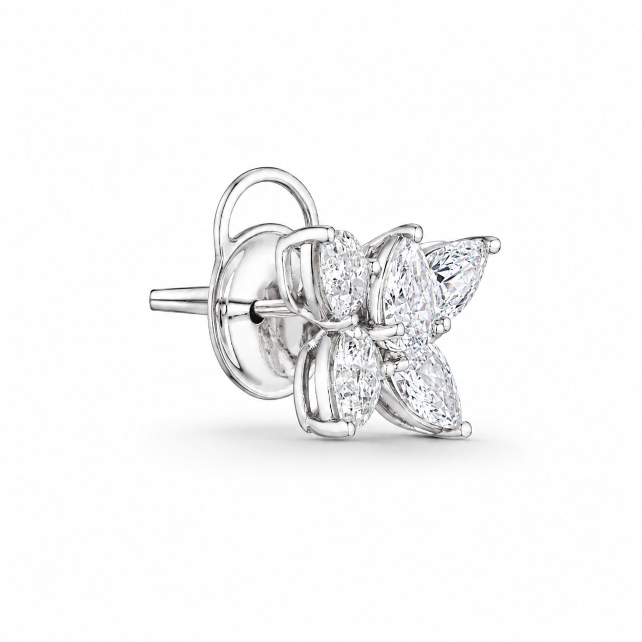 Side view of white gold Moon & Sun Petals diamond stud showing hinged back