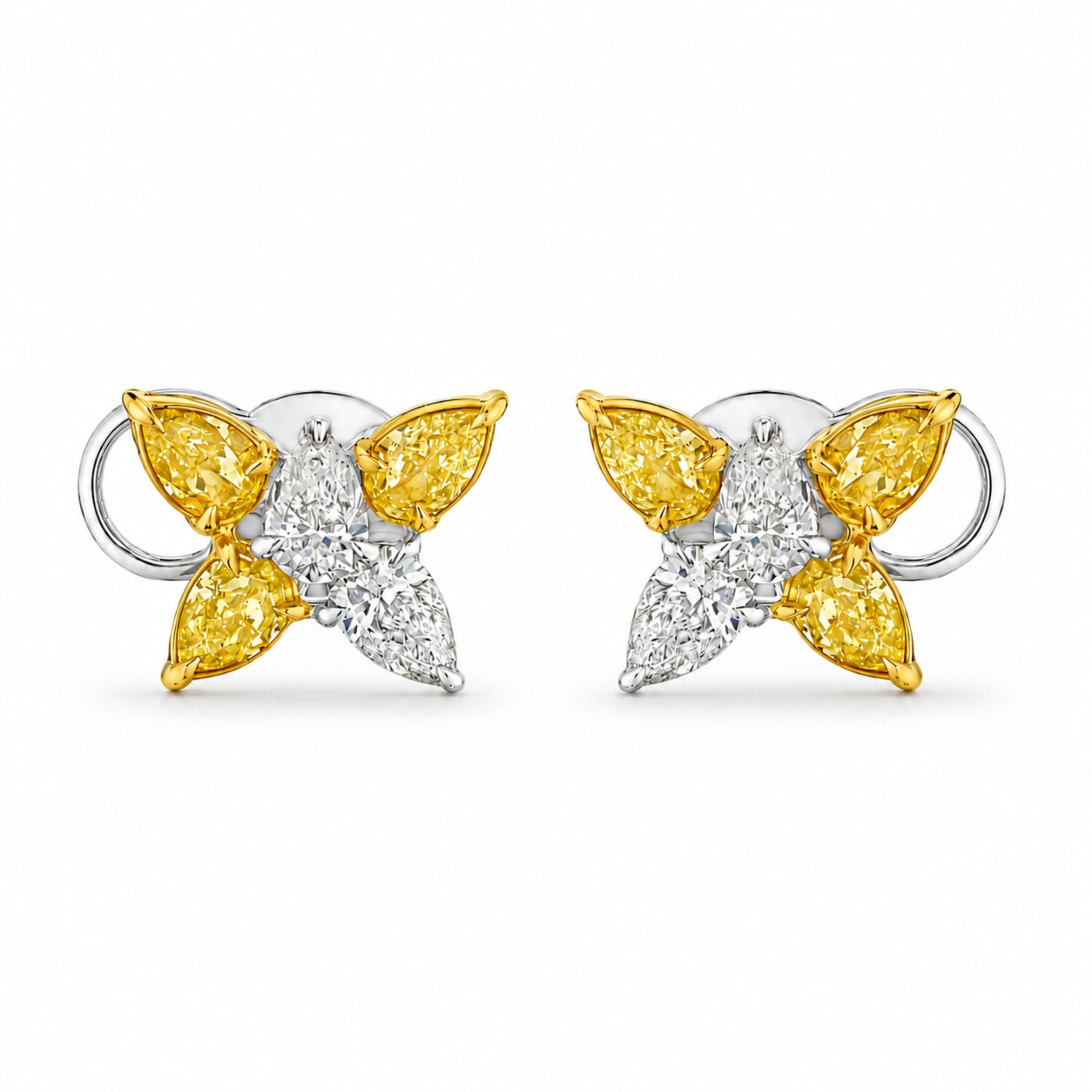 Two-tone Moon & Sun Petals earrings mixing yellow and white diamonds in gold