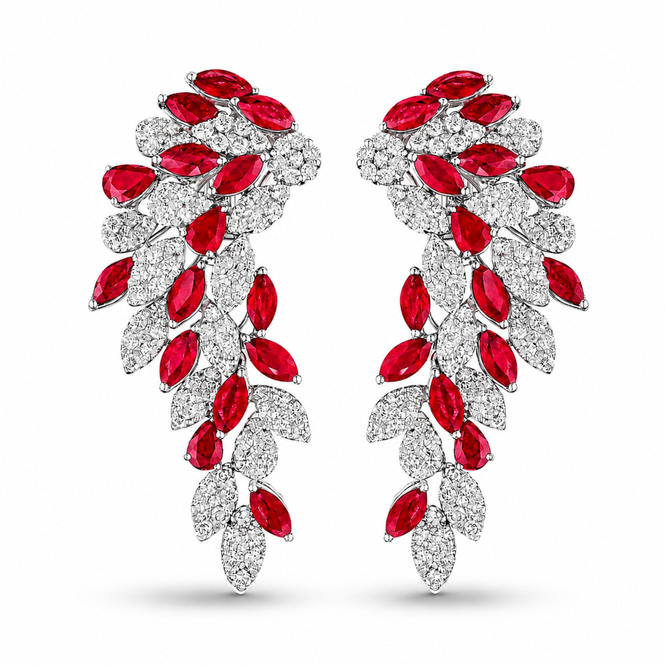 Moonlit Embers 20.18 Carat Ruby & Diamond Dangle Earrings in 18K White Gold