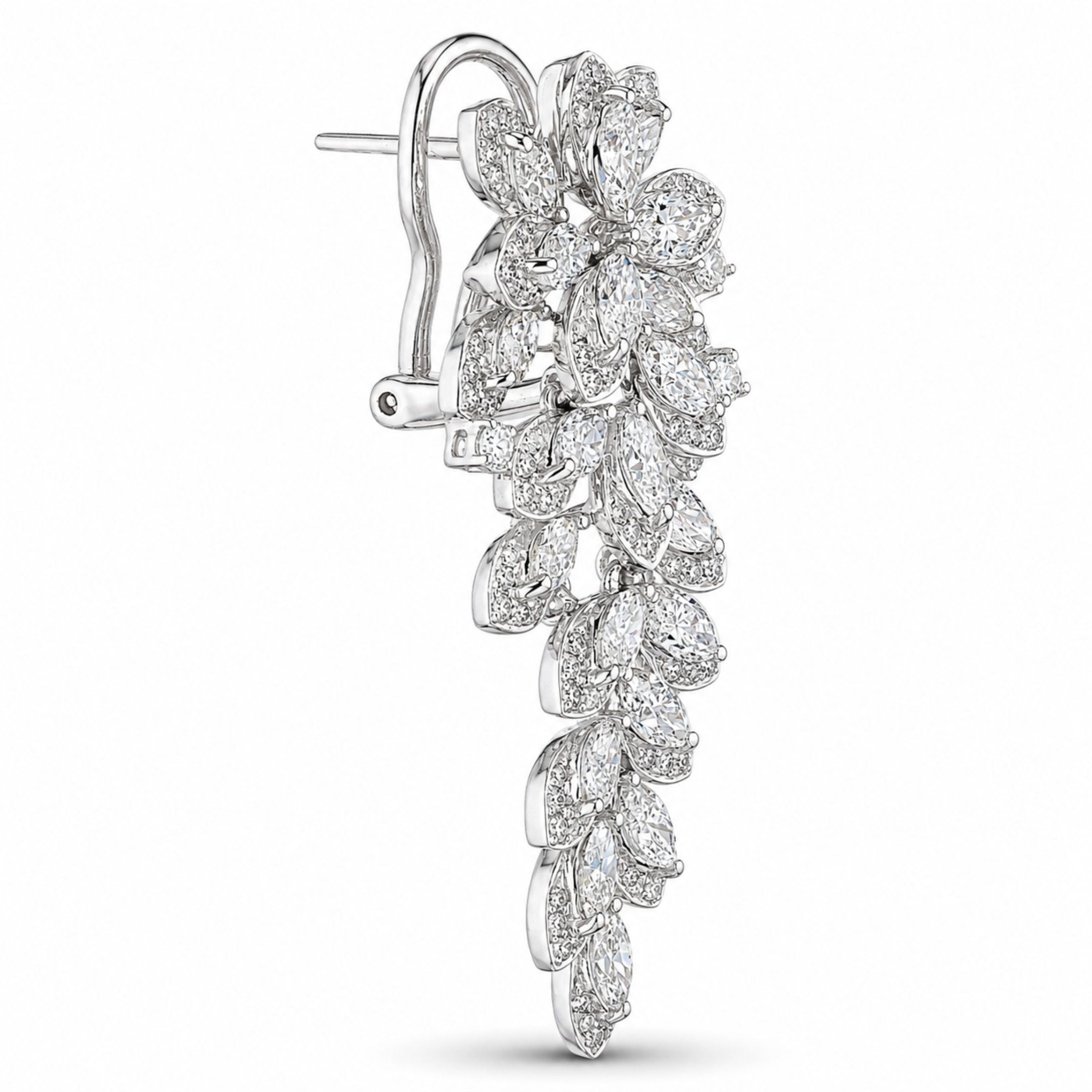 Leviev Moonvine Bloom white gold dangle earring side view with marquise and pear diamond floral cascade