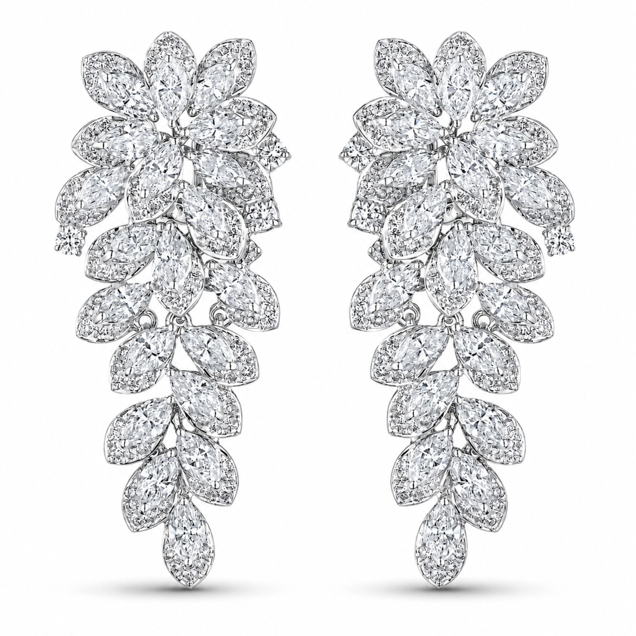 Pair of Leviev Moonvine Bloom 4.51 carat diamond earrings in 18K white gold showing cascading vine design