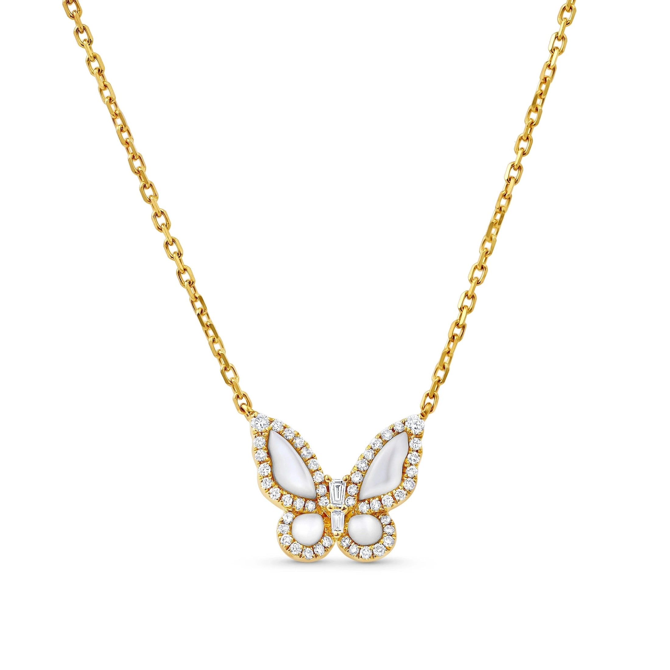18K yellow gold butterfly necklace with mother-of-pearl wings and diamond halo