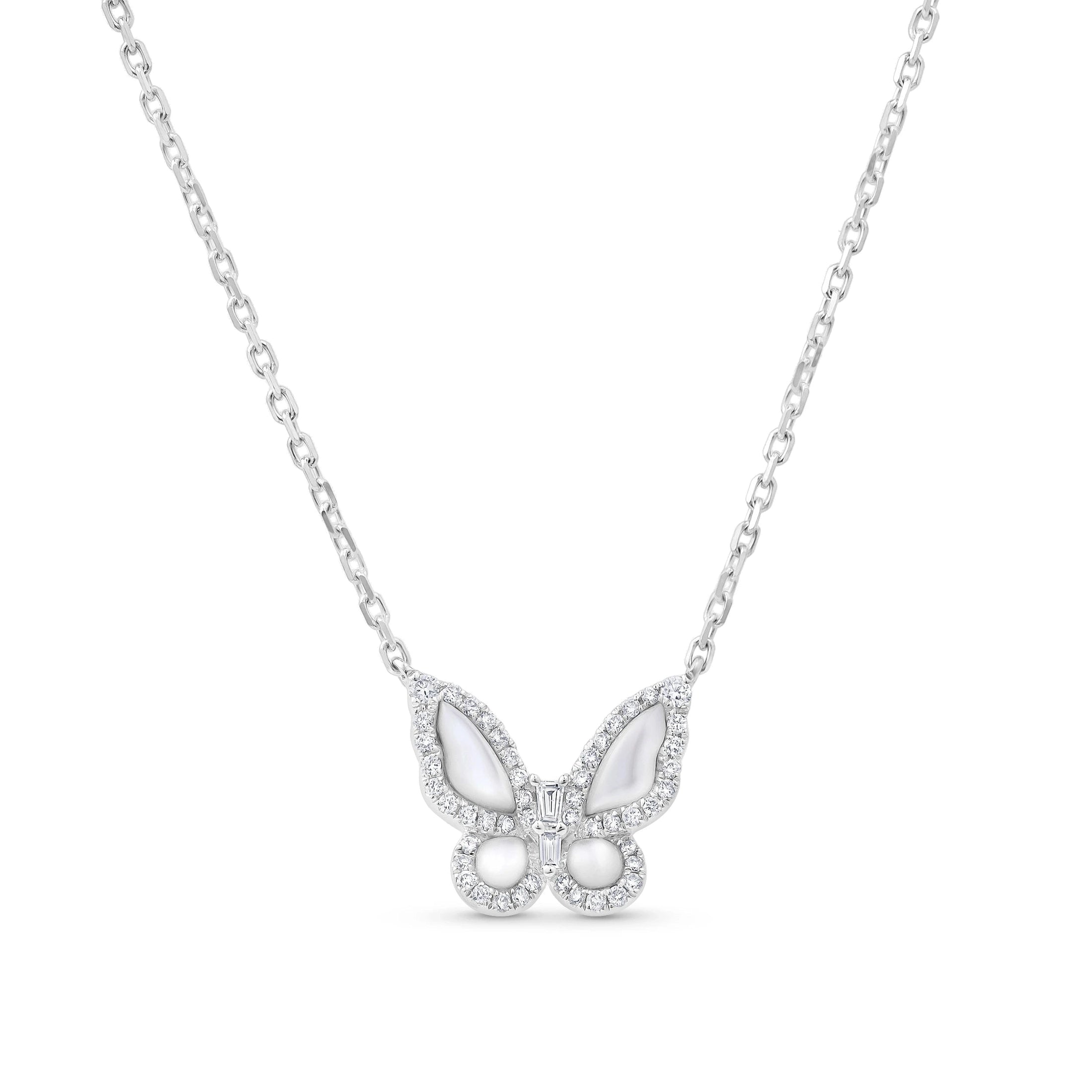 18K white gold butterfly necklace featuring mother-of-pearl wings and diamond accents