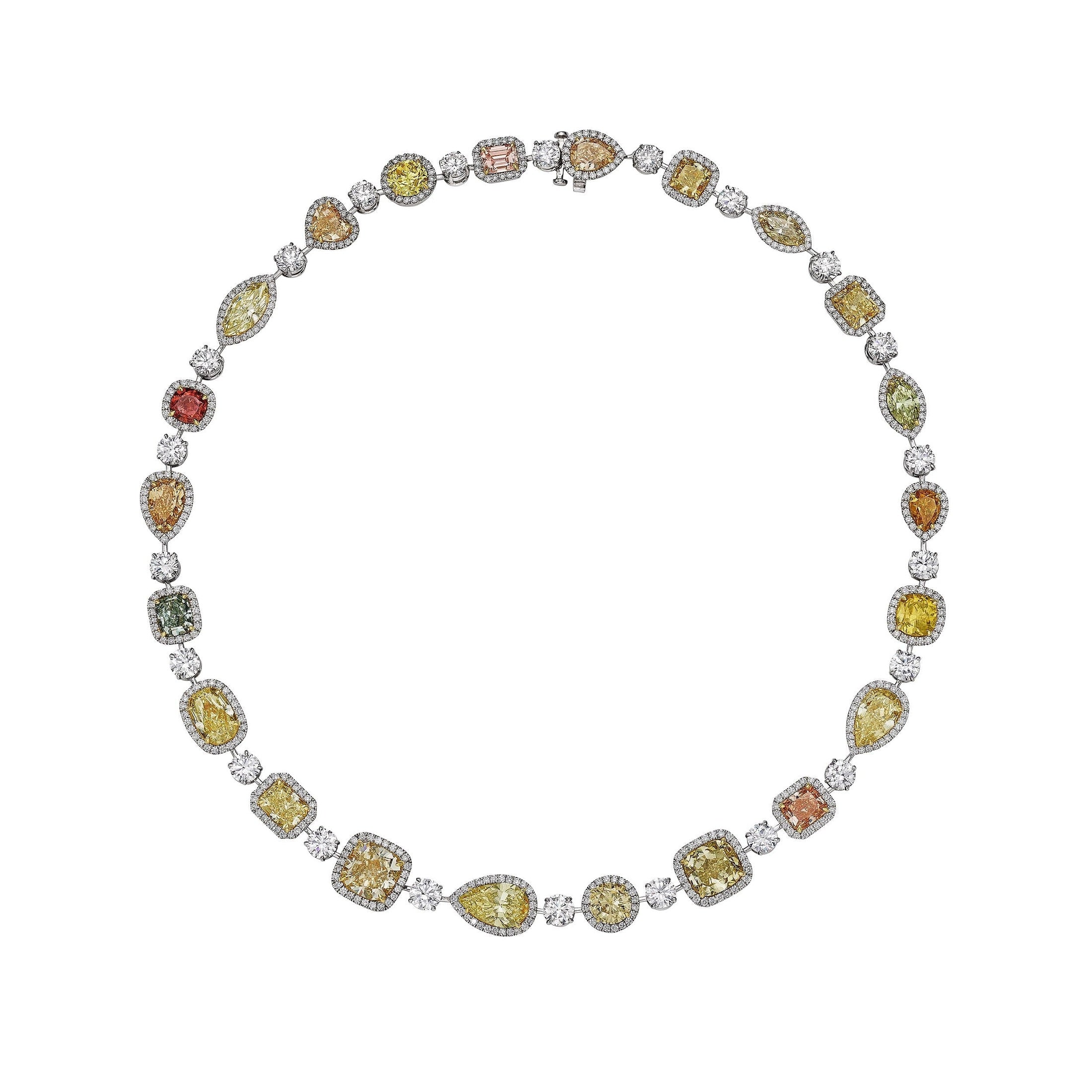 Full loop Leviev multi-color diamond necklace layout showing yellow red green brown gems with white diamond halos