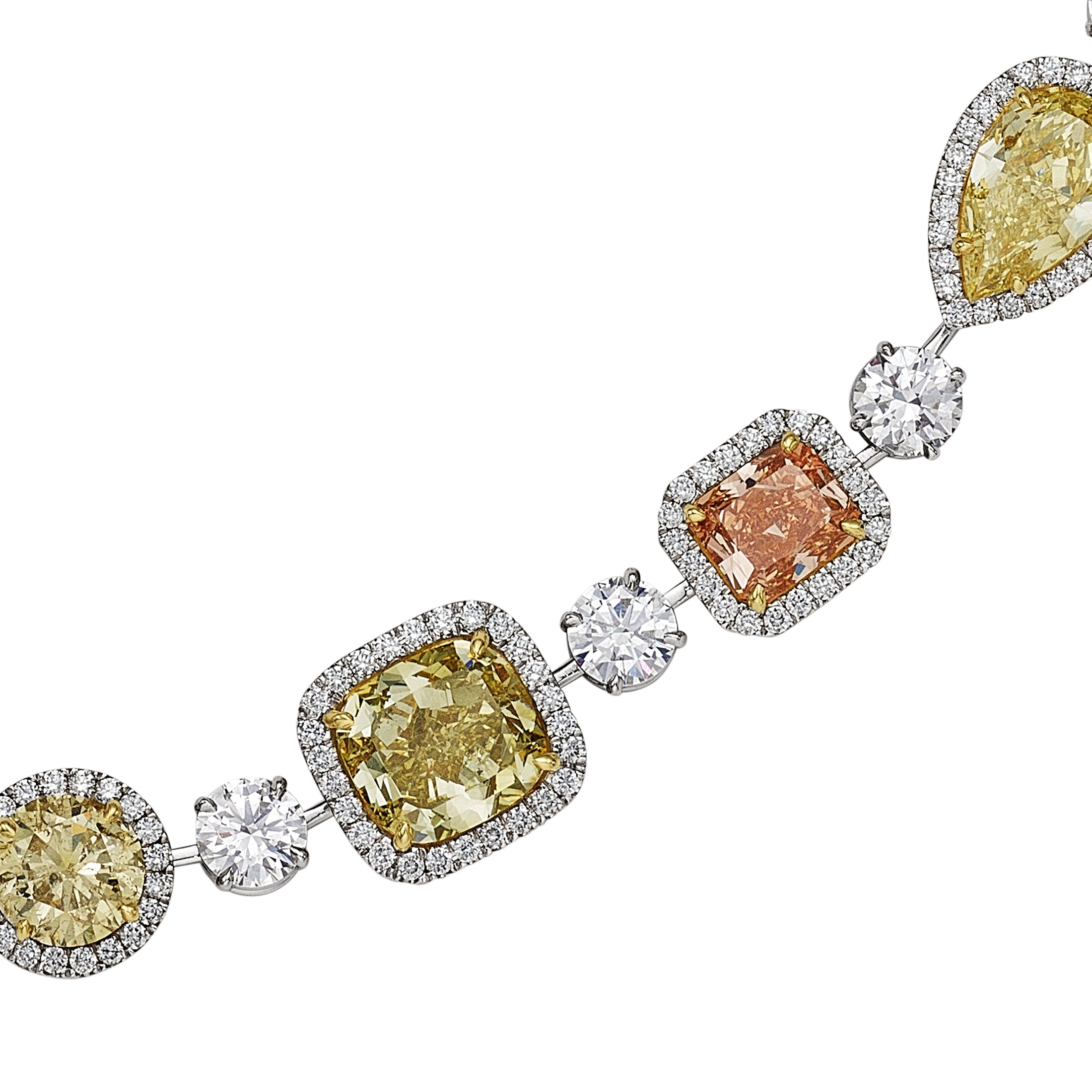 Leviev multi-fancy color diamond necklace close-up with yellow-green and orange-brown stones in 14K white gold