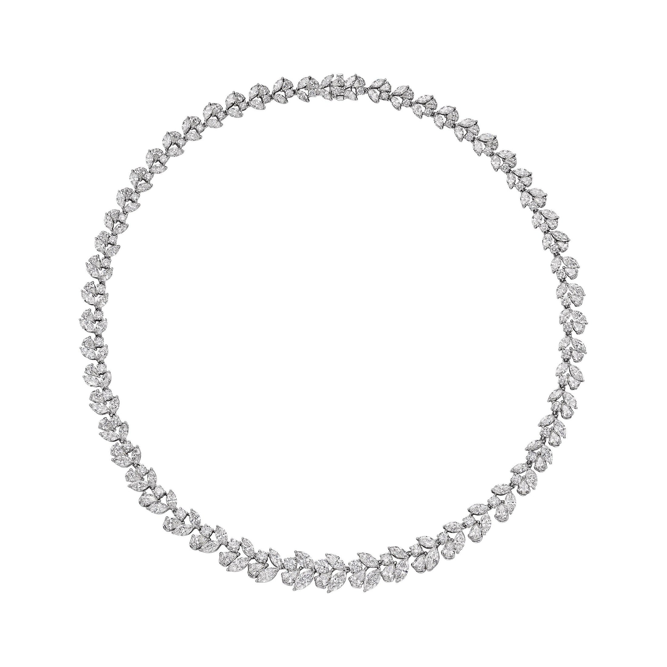 Full view Leviev 30 carat multi-shape diamond necklace loop with symmetrical marquise pear and round diamonds in vine design