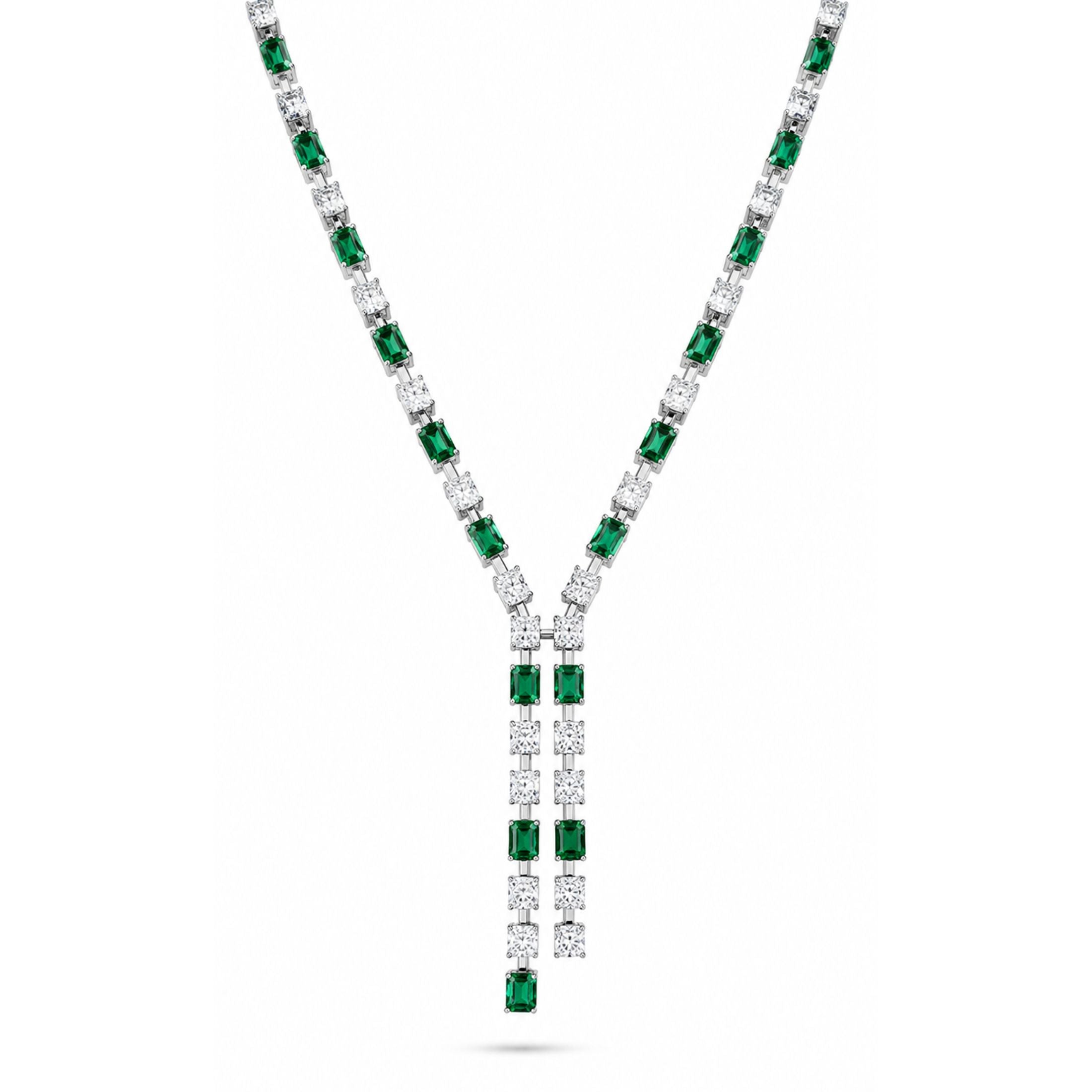 Rinoa 32.05 Carat Diamond & Emerald Lariat Necklace in 18K White Gold