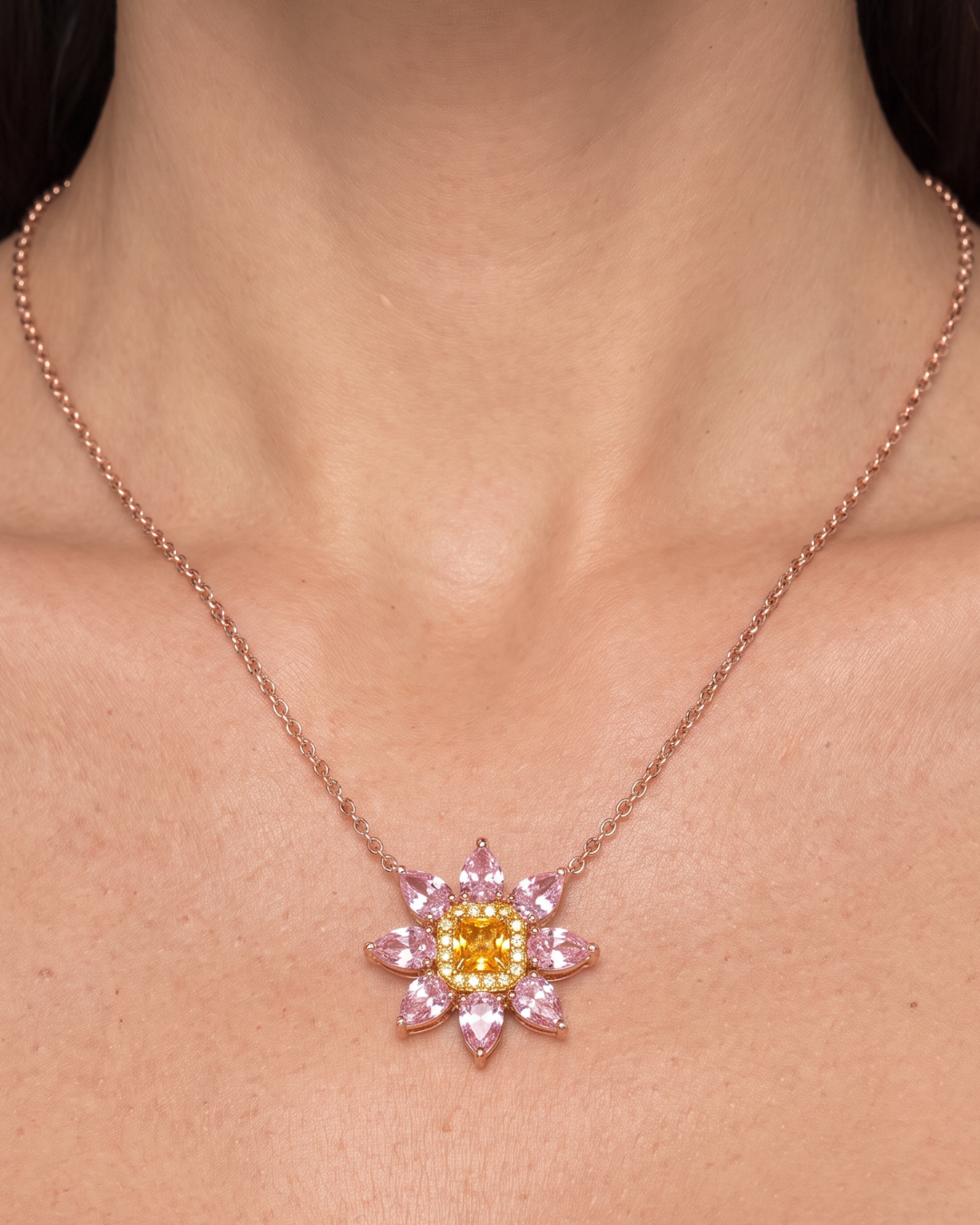 Peonia 2.59 Carat Fancy Yellow & Pink Marquise Diamond Pendant Necklace in 18K Rose Gold