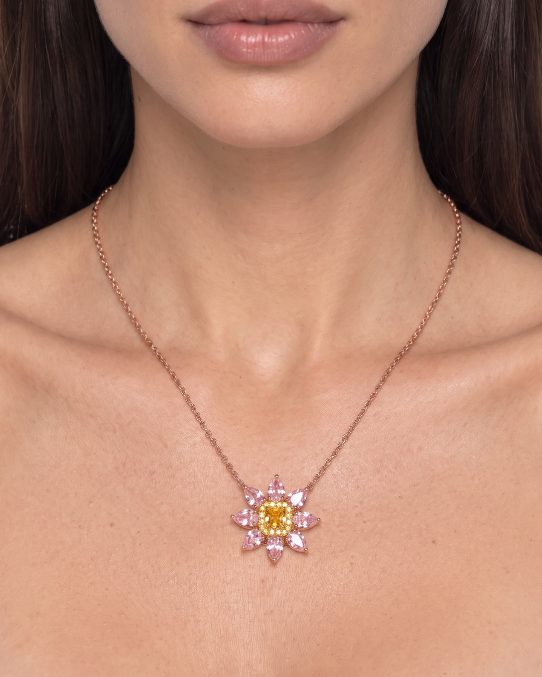 Peonia 2.59 Carat Fancy Yellow & Pink Marquise Diamond Pendant Necklace in 18K Rose Gold