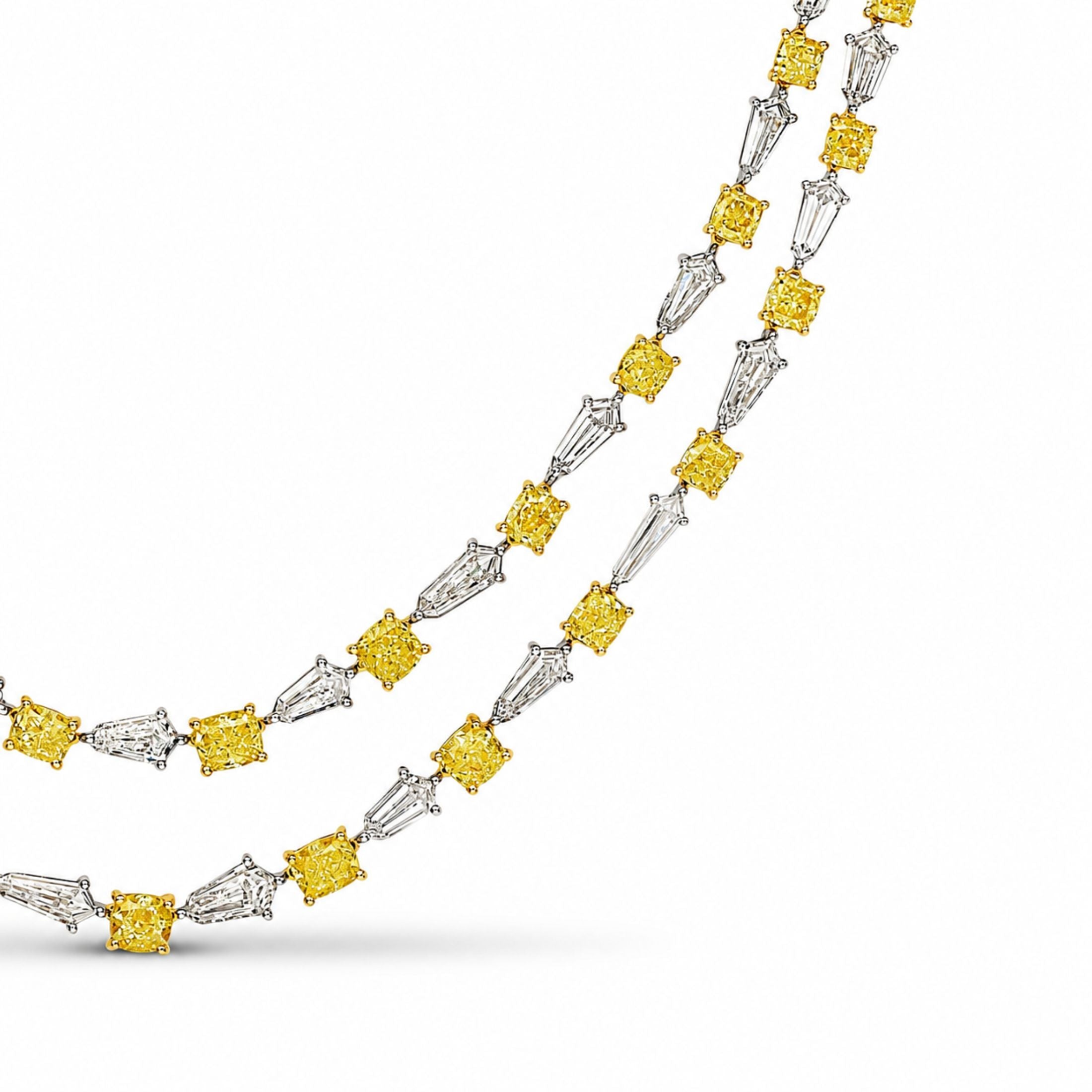 Bellecourt 39.65 Carat Fancy Yellow & White Diamond Double-Strand Rivière Necklace in 18K White Gold