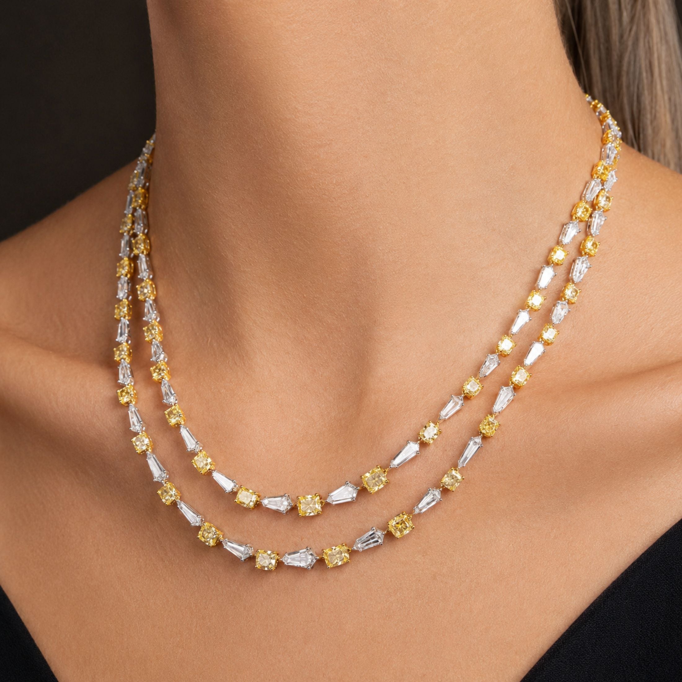 Bellecourt 39.65 Carat Fancy Yellow & White Diamond Double-Strand Rivière Necklace in 18K White Gold