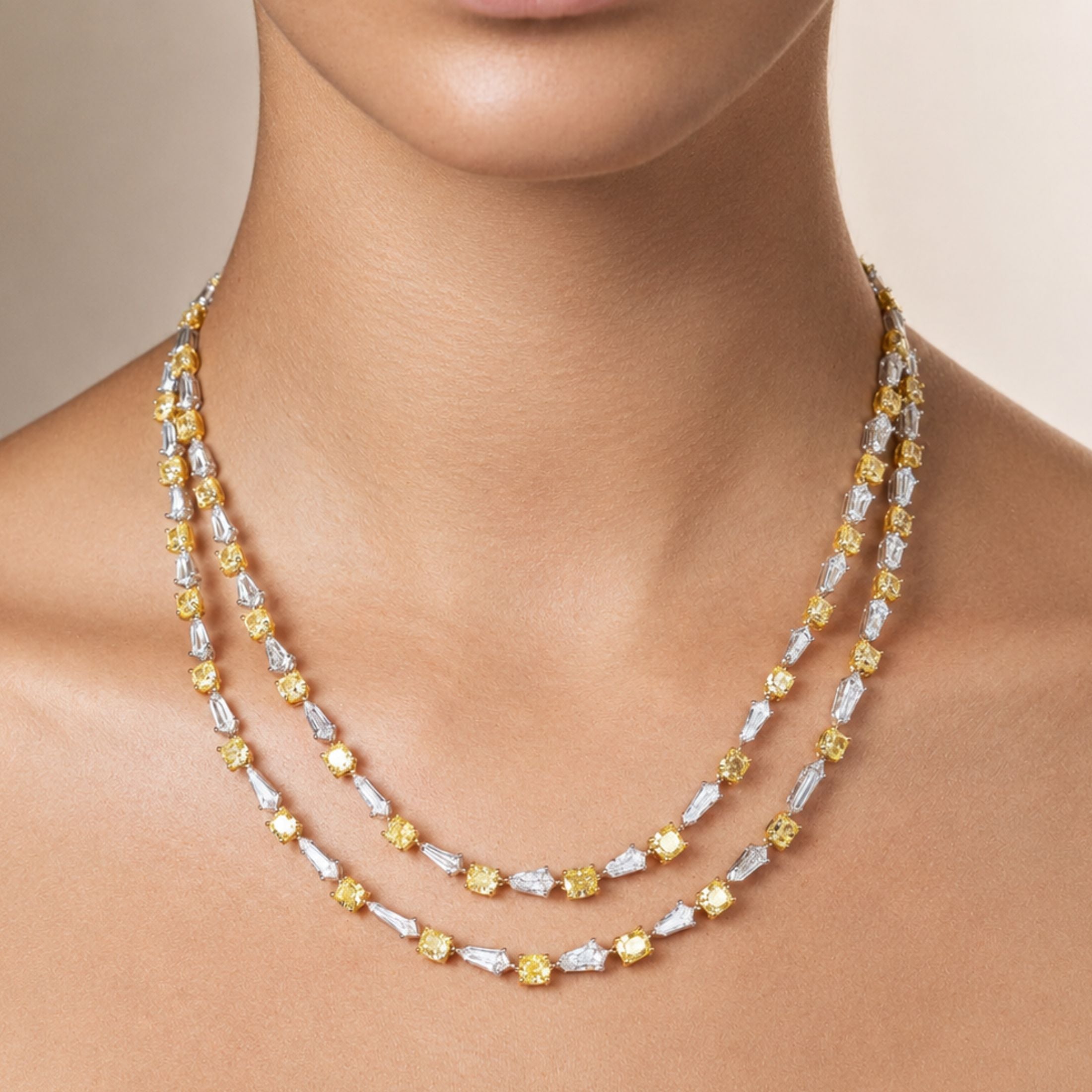Bellecourt 39.65 Carat Fancy Yellow & White Diamond Double-Strand Rivière Necklace in 18K White Gold