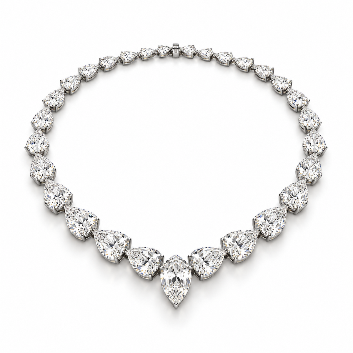 A diamond necklace with pear-cut stones in a platinum setting, arranged in a circular shape on a white background.