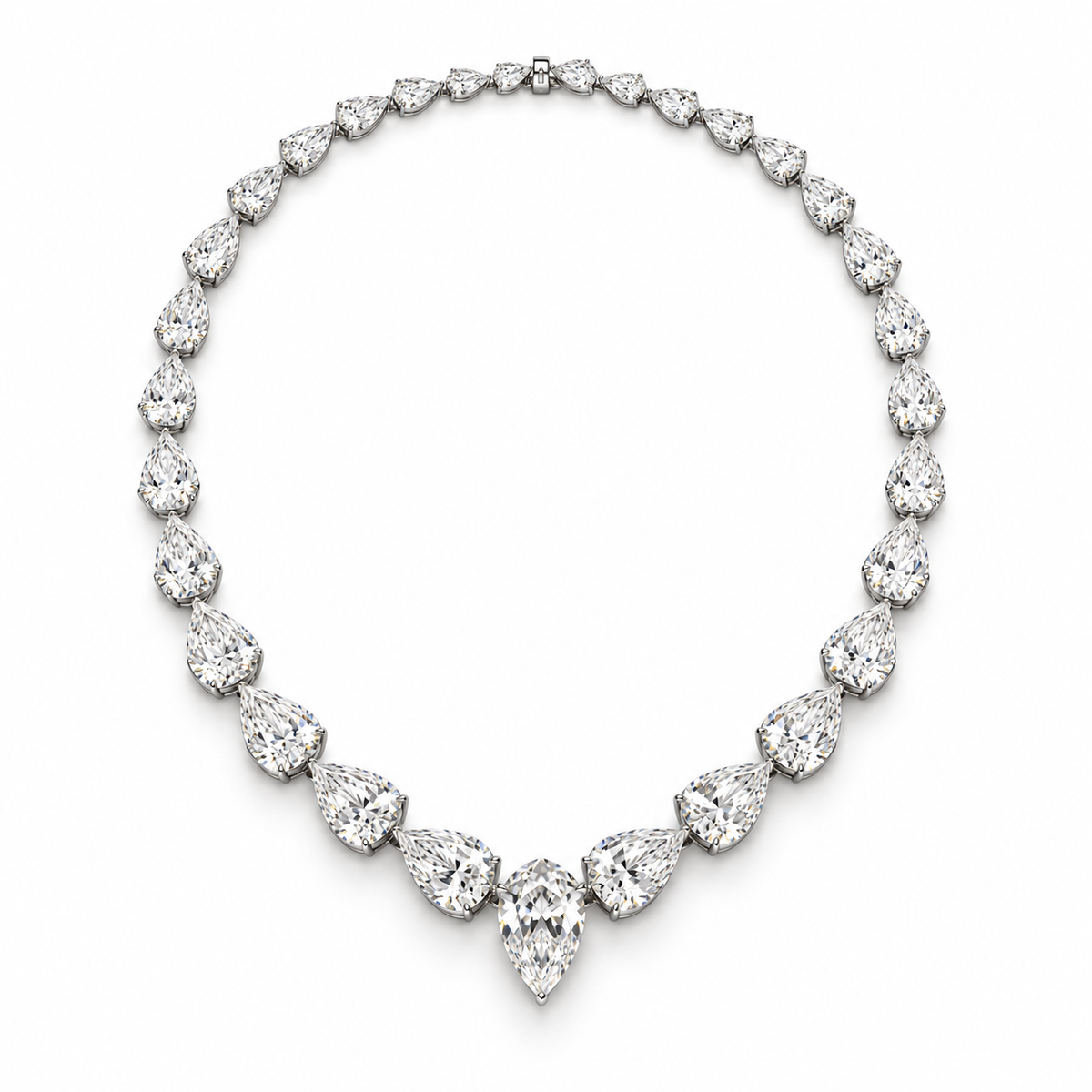 A diamond necklace featuring a graduated row of pear-cut diamonds in a platinum setting, arranged in a circular shape with a larger pear-cut diamond pendant at the center, shown on a plain white background.