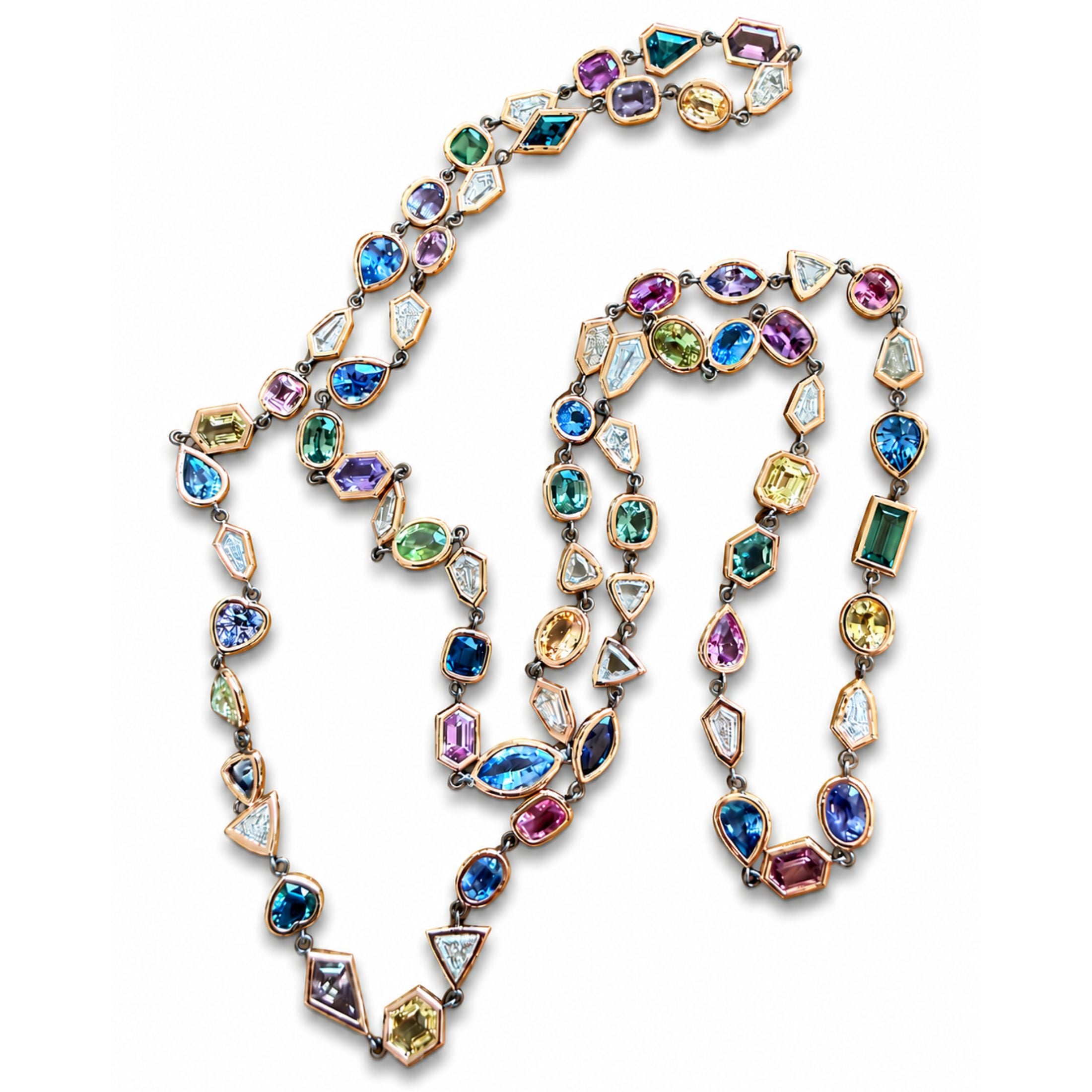 Millefiori 62.91 Carat Multicolor Sapphire & Diamond Necklace in 18K Gold