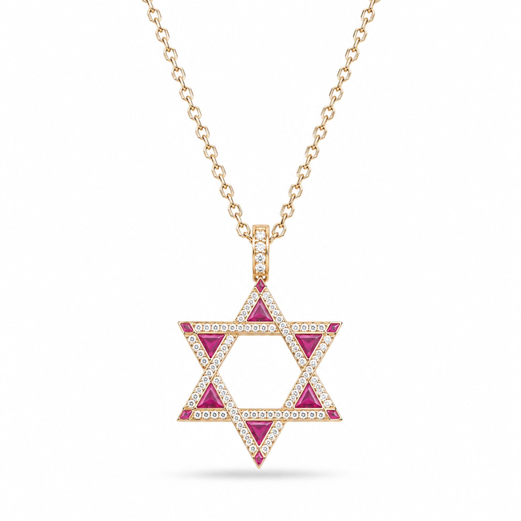 Magen Pink Agate 0.73 Carat Diamond Star of David Pendant Necklace in 18K Rose Gold