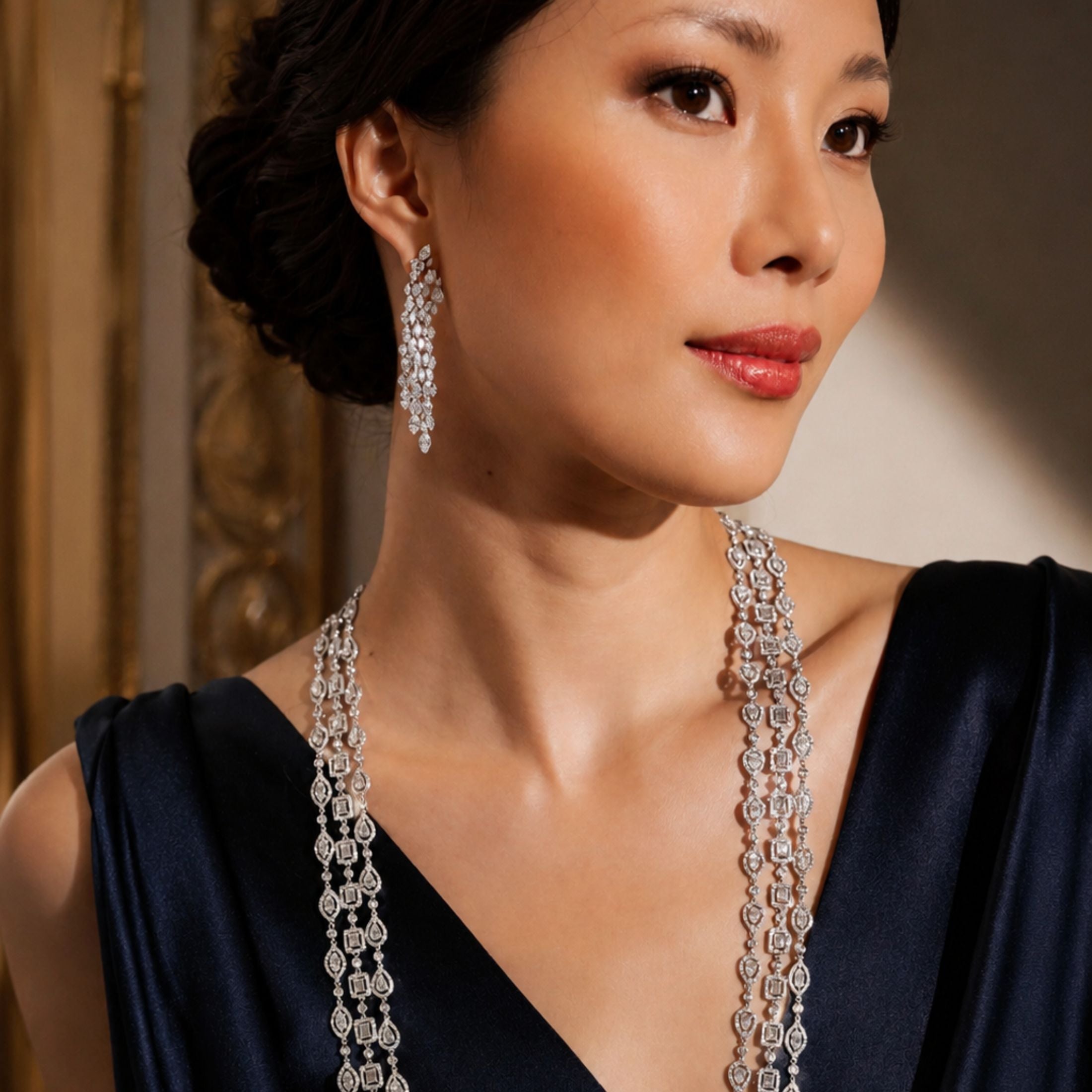 Nienna 82.09 Carat Diamond Layered Station Necklace in 18K White Gold