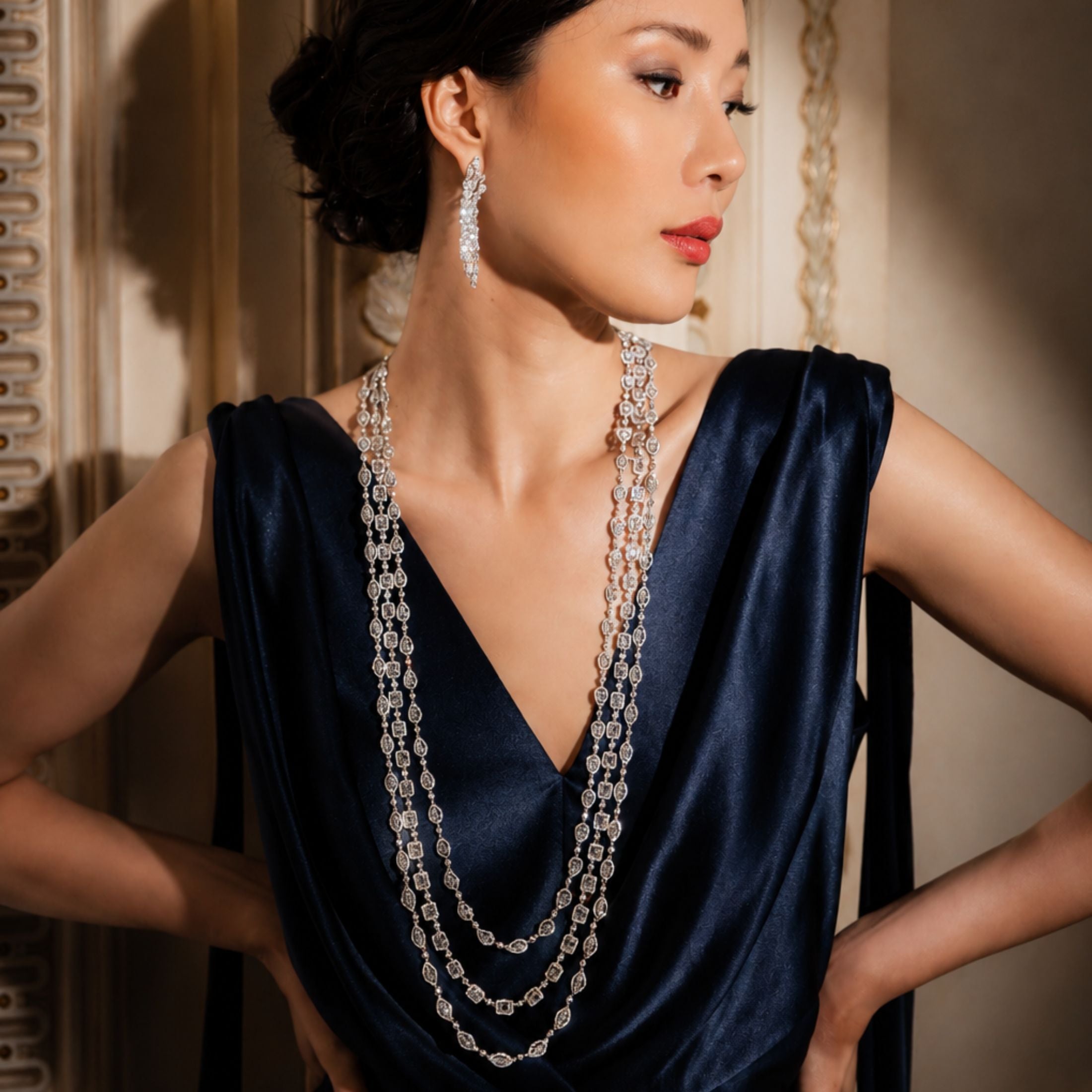 Nienna 82.09 Carat Diamond Layered Station Necklace in 18K White Gold