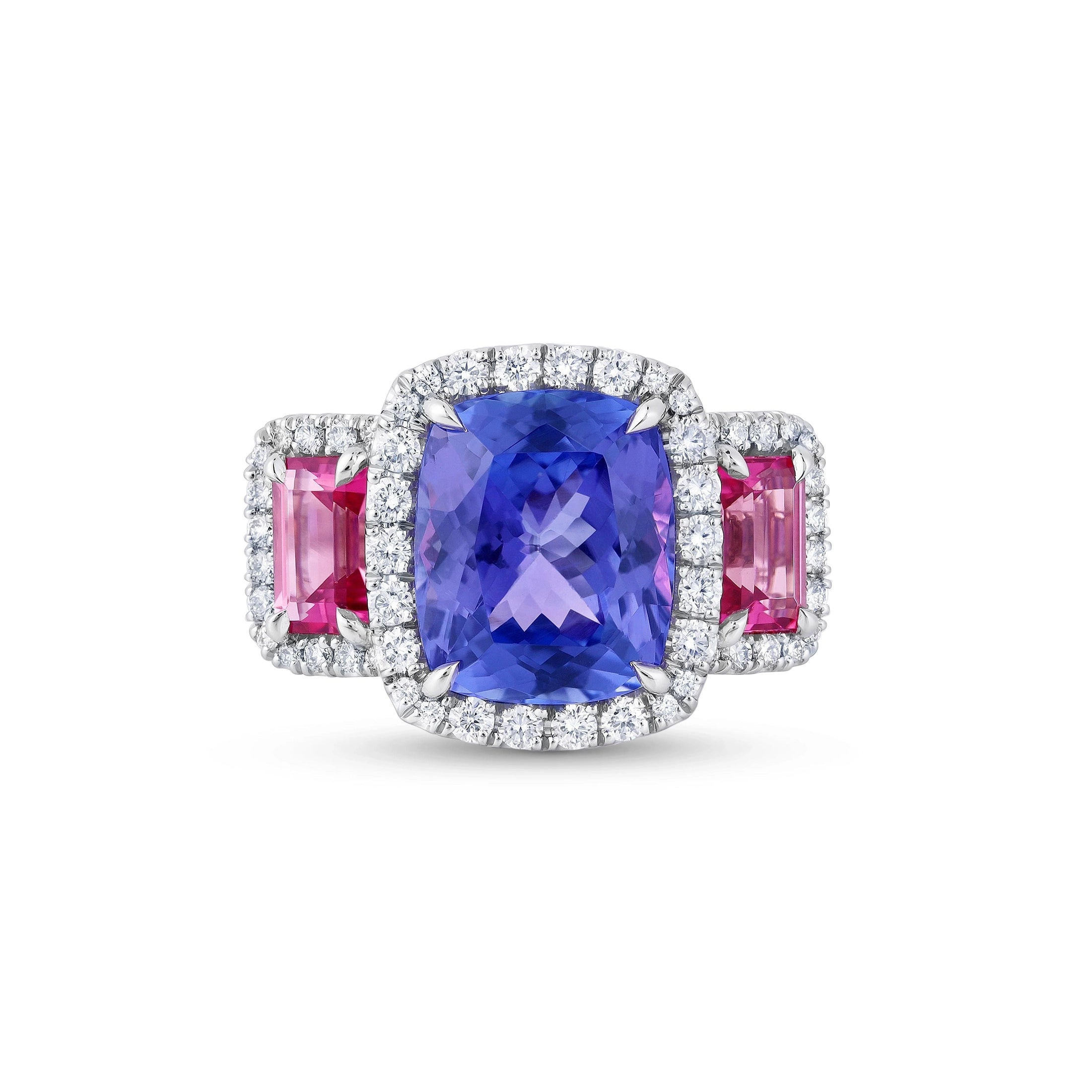 Front view of Leviev cushion-cut tanzanite ring with pink tourmaline accents and diamond halo