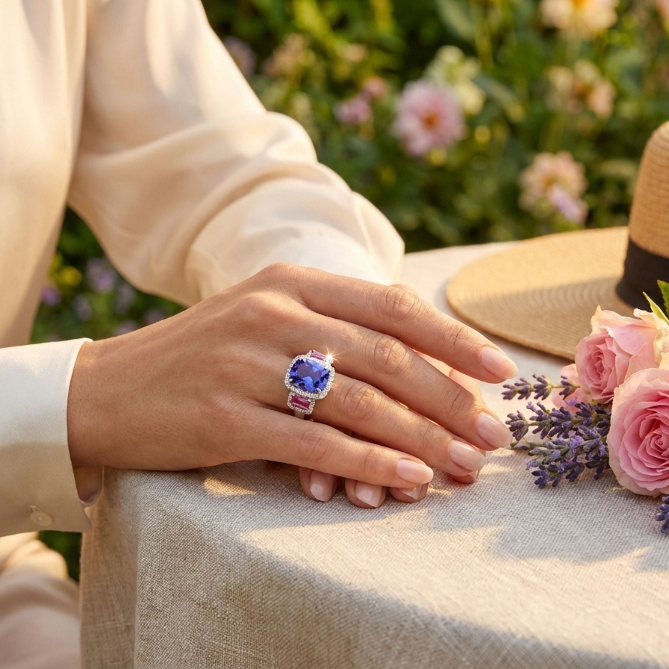 Woman wearing Leviev three-stone tanzanite and tourmaline ring on hand near roses