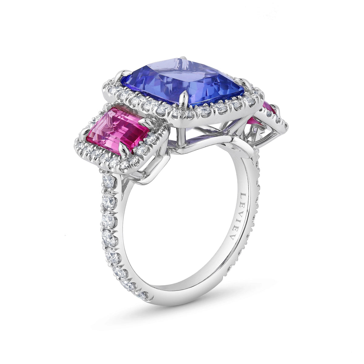 Leviéve platinum ring with cushion-cut tanzanite, pink tourmaline shoulders and diamond halo