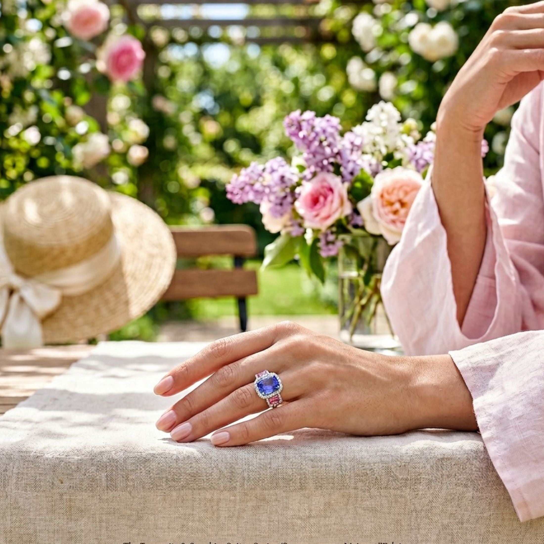 Lifestyle shot of Leviev blue tanzanite and pink tourmaline statement ring in garden setting