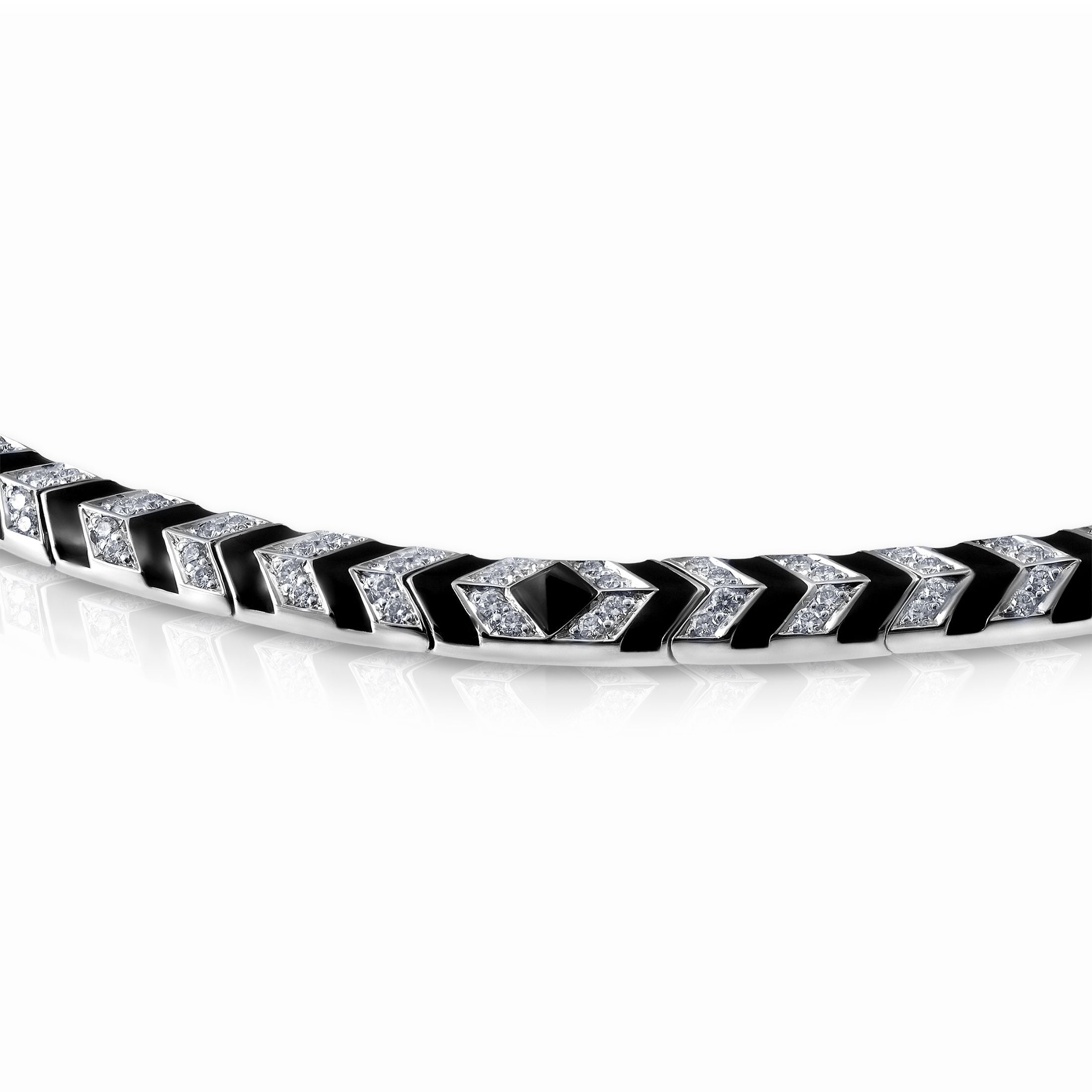 Sculptural black onyx and diamond pendant necklace in 18K white gold side view