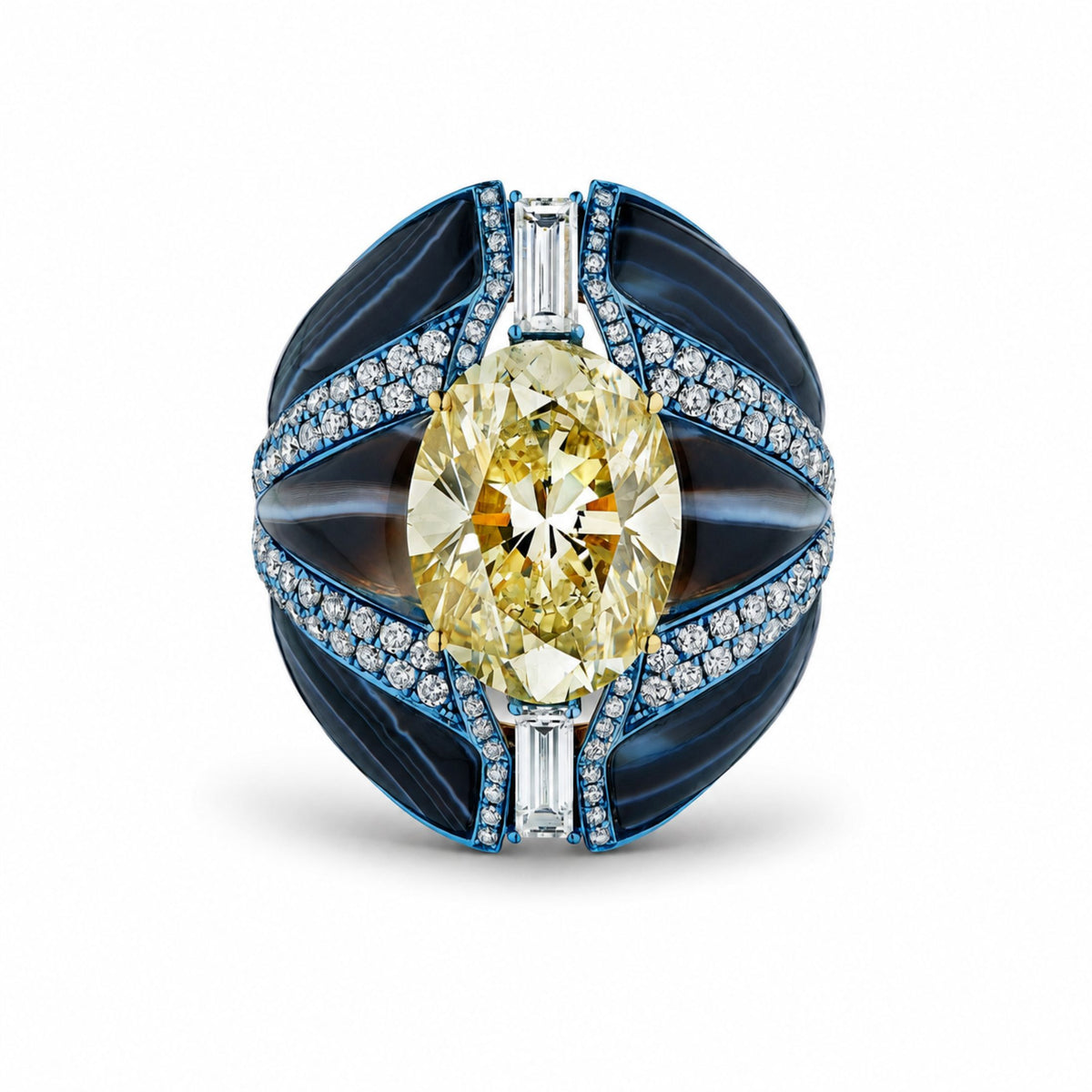 Noir Lir ring with oval fancy yellow diamond, black onyx waves, and electric-blue enamel in 18K gold