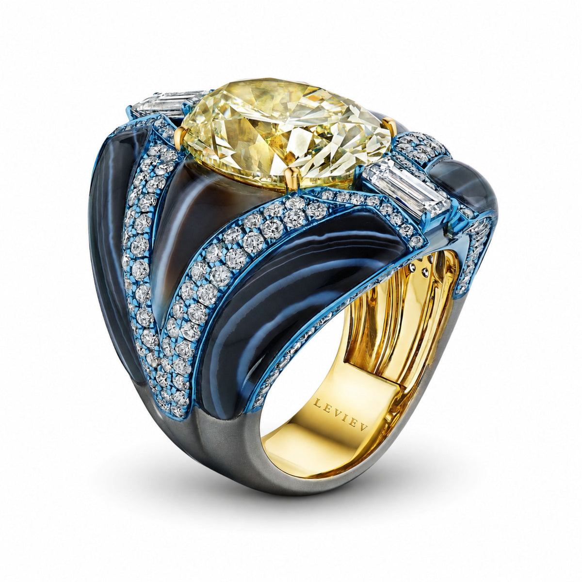 Leviev Noir Lir ring side view showing matte gray brushed shank, polished 18K yellow gold interior, and engraved brand name