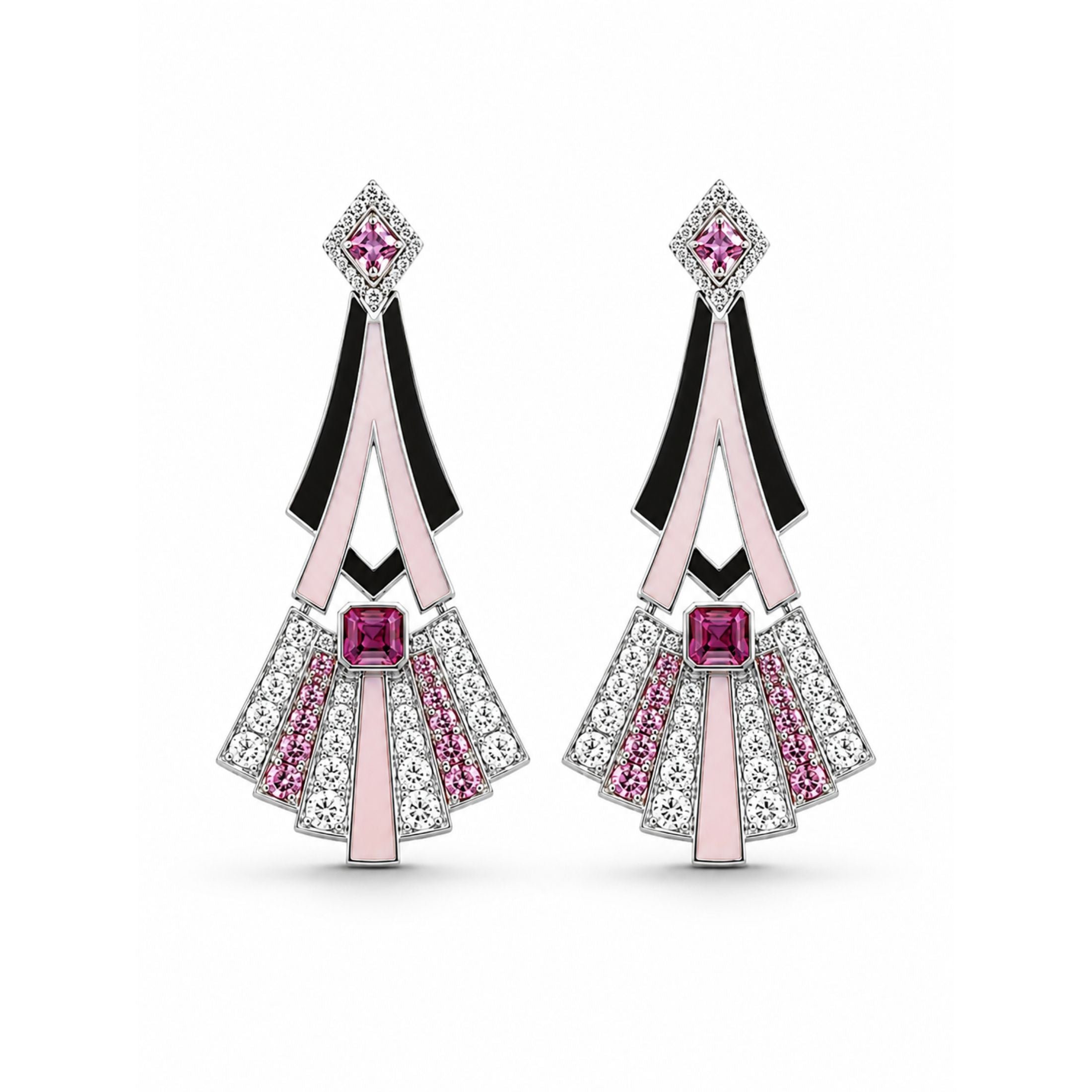 Nolita 7.68 Carat Pink Sapphire, Pink Opal, Onyx & Diamond Drop Earrings in 18K White Gold