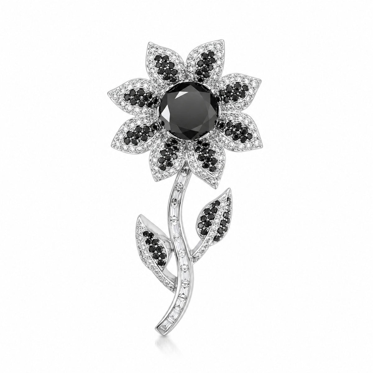 Obsidian Blossom black diamond floral brooch in white gold with pavé petals