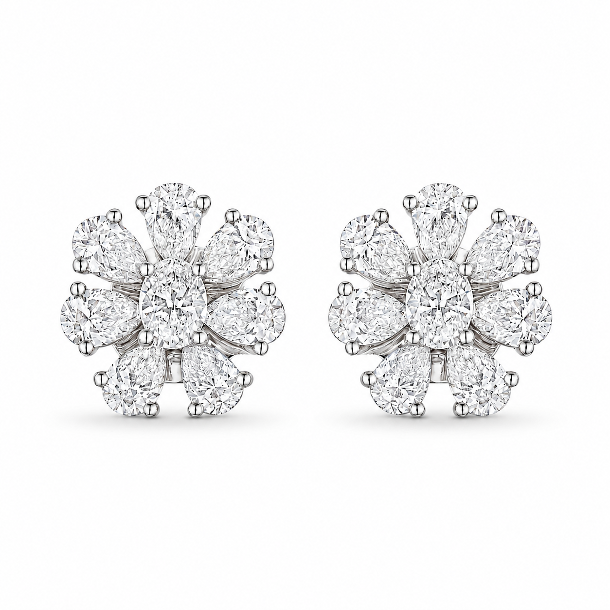 Front pair of Opaline Bloom 3.12 carat diamond stud earrings in 18K white gold with symmetrical floral design