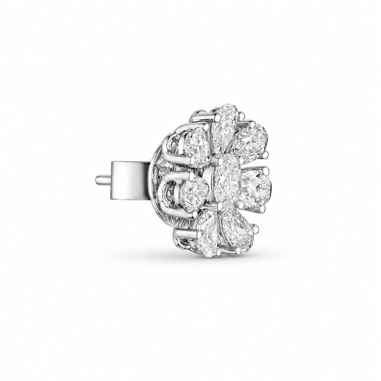 Side view of Opaline Bloom diamond stud earrings in 18K white gold showing floral cluster with pear and oval cuts