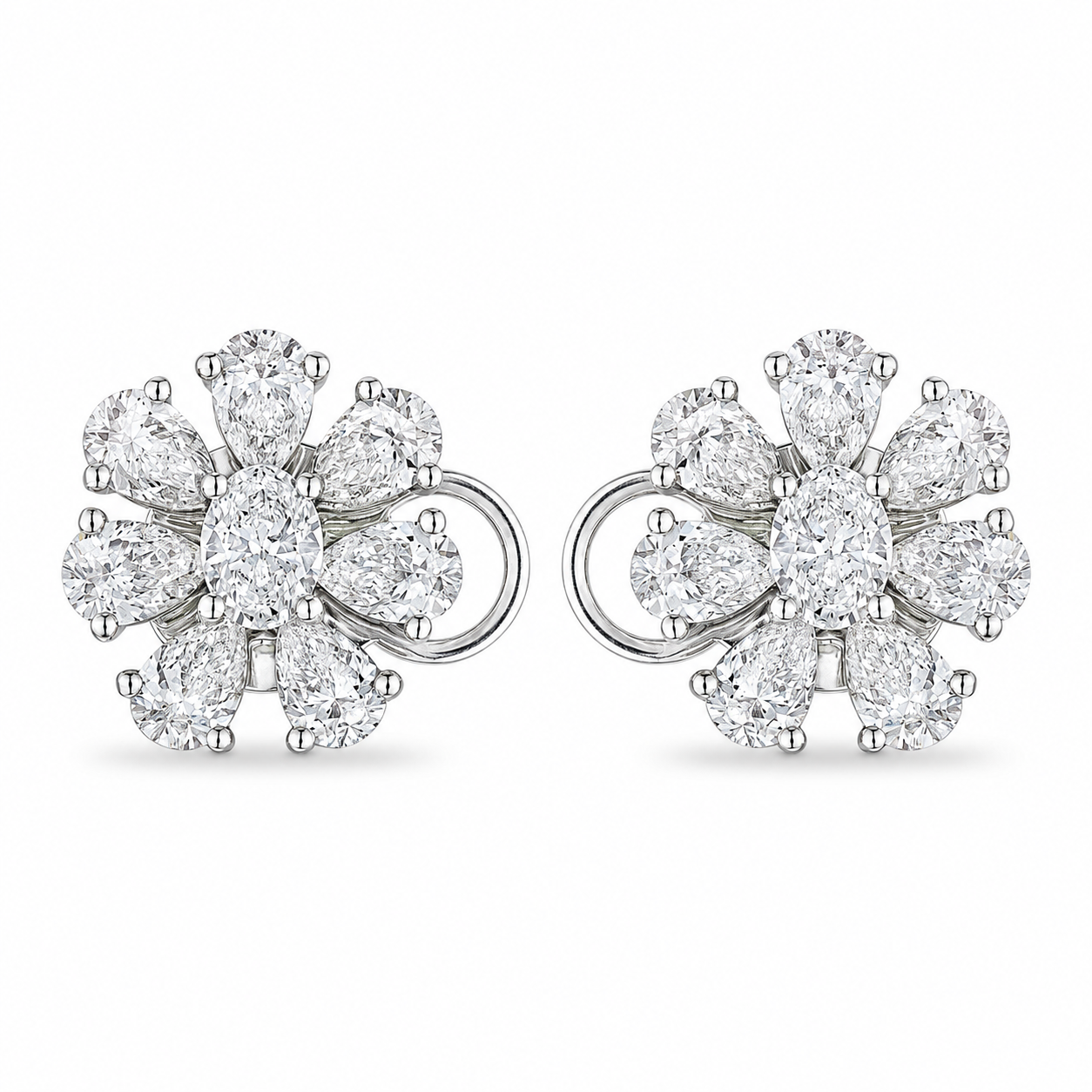 Back view of Opaline Bloom diamond stud earrings in 18K white gold featuring hinged clasp and ball-tipped posts